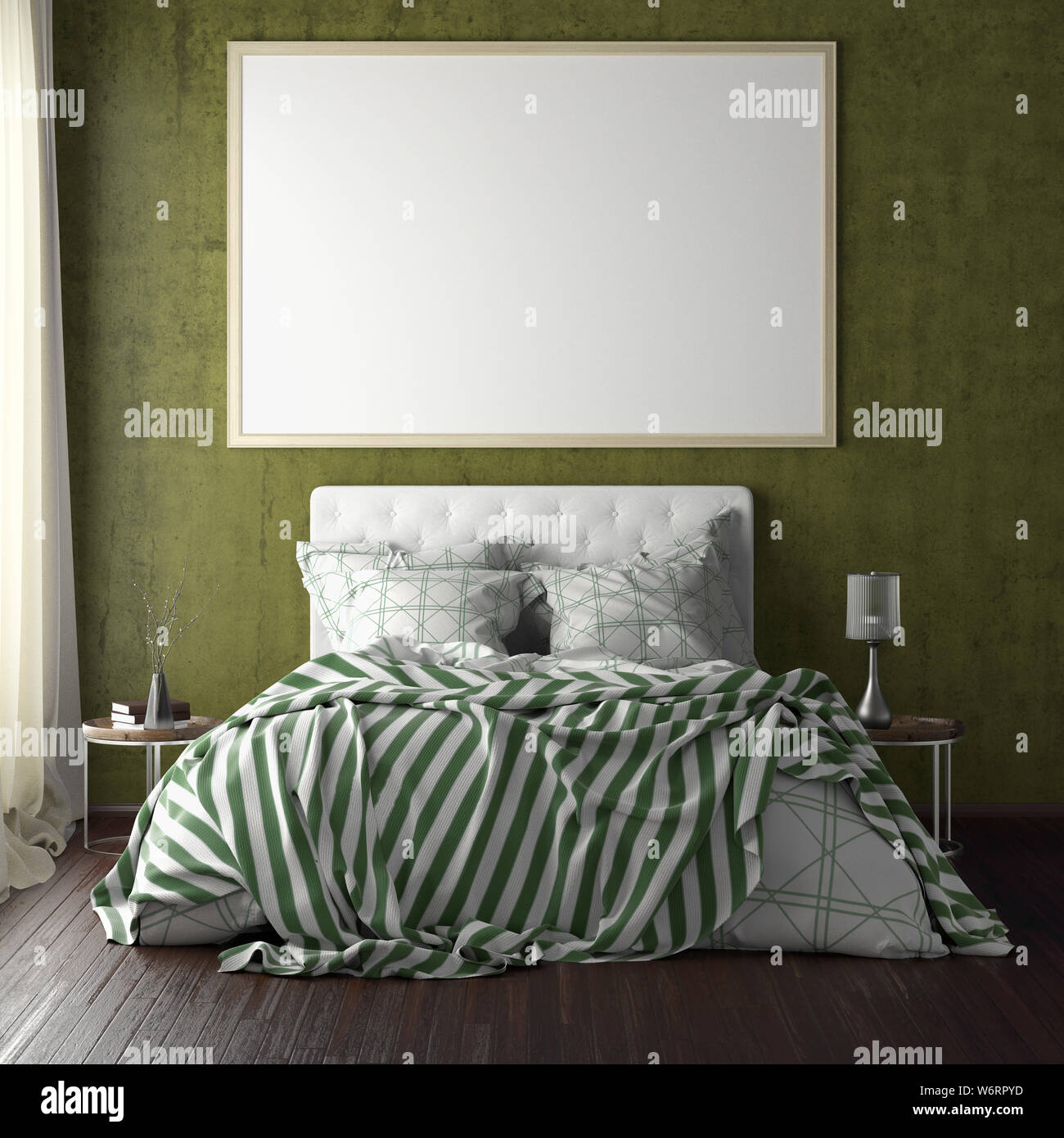 Latge Horizontal Poster Frame Mockup Above The Bed On Yellow