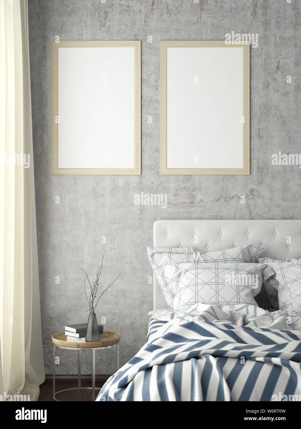 Two vertical posters frame mock up on concrete wall in bedroom. 3d