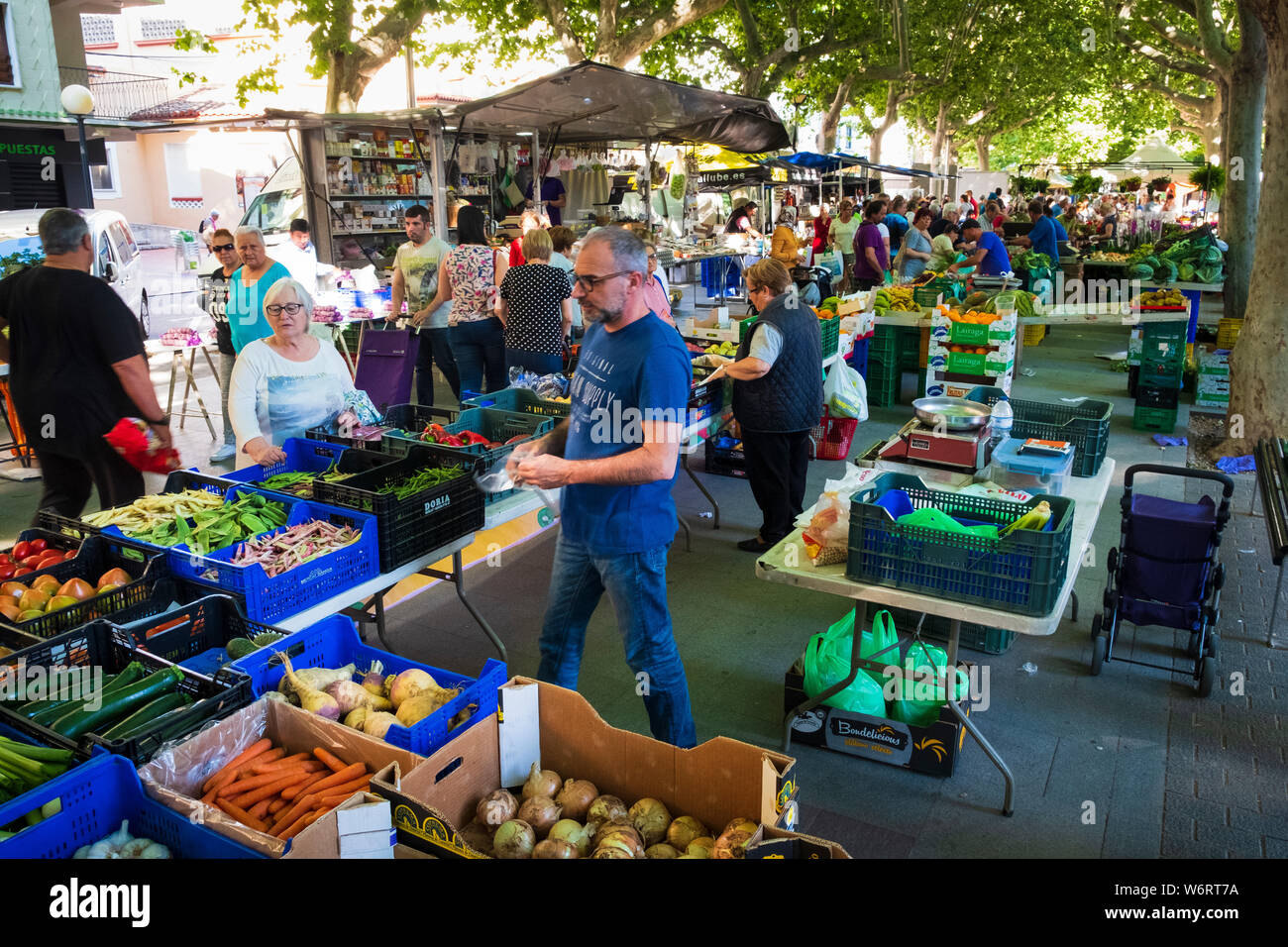 Fruit and vegetables stalls in the vibrant weekly Friday market at Oliva in Spain Stock Photo