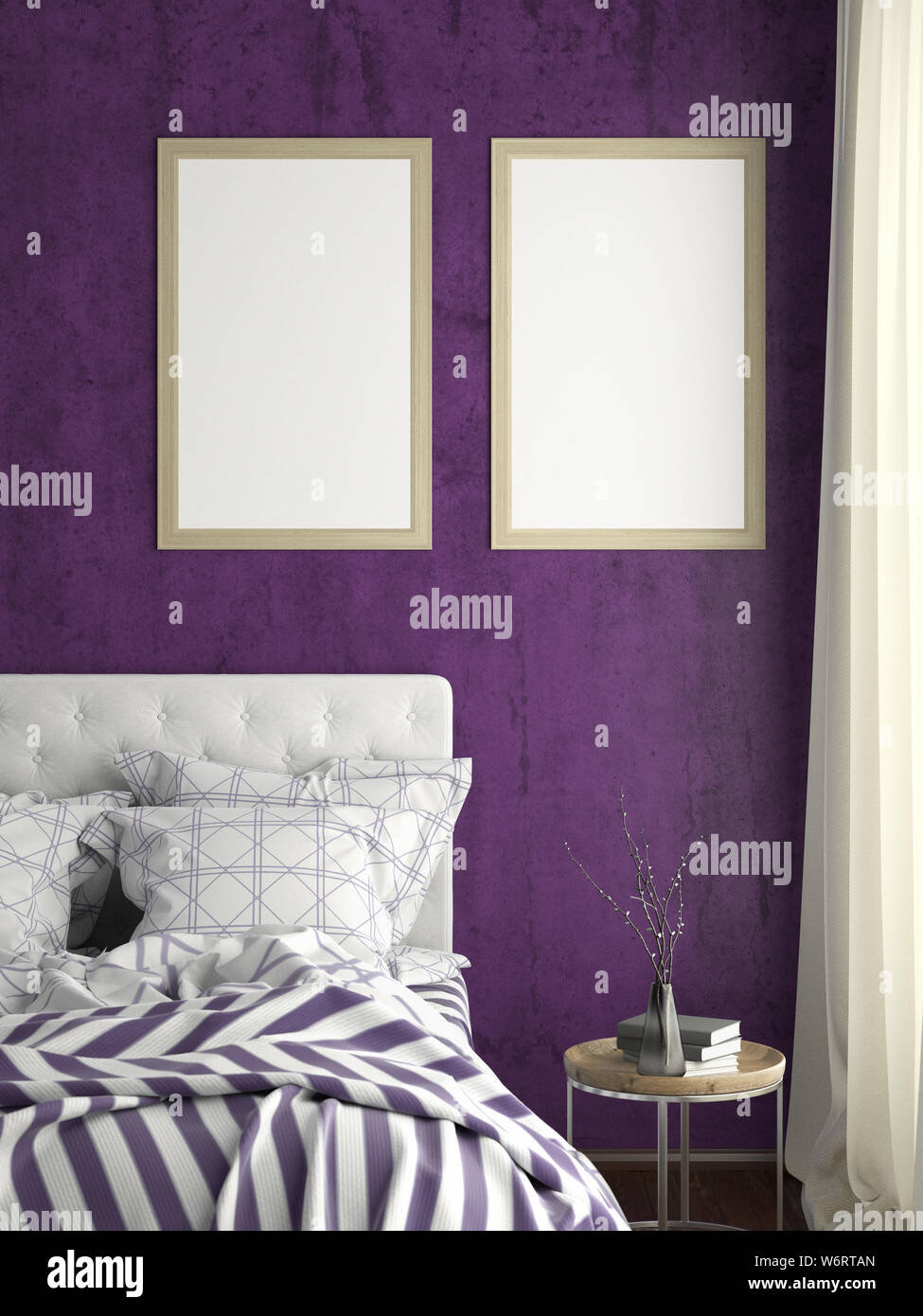 Two Vertical Posters Frame Mock Up On Violet Wall In Bedroom