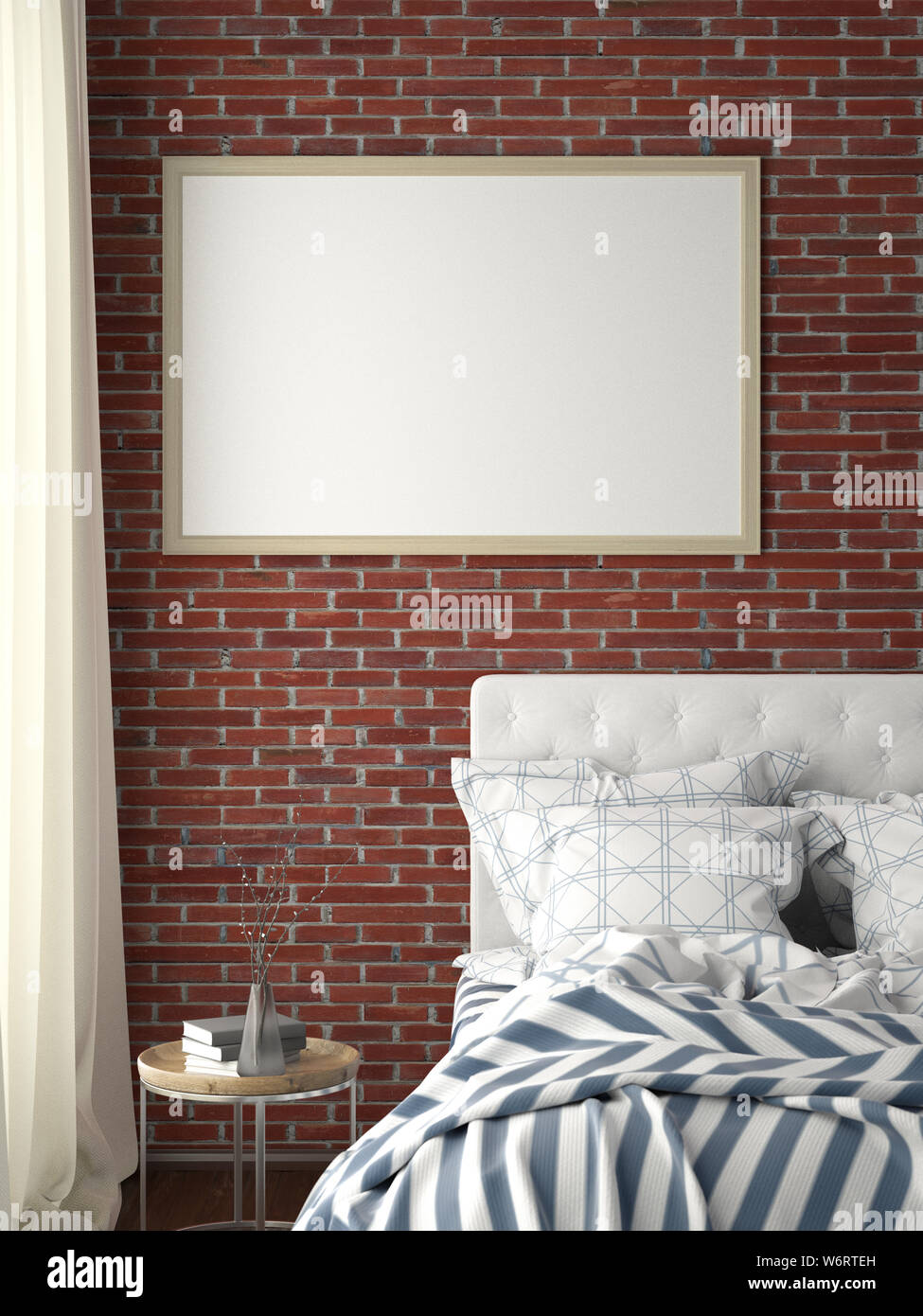 Horizontal Poster Frame Mock Up On Red Brick Wall In Bedroom