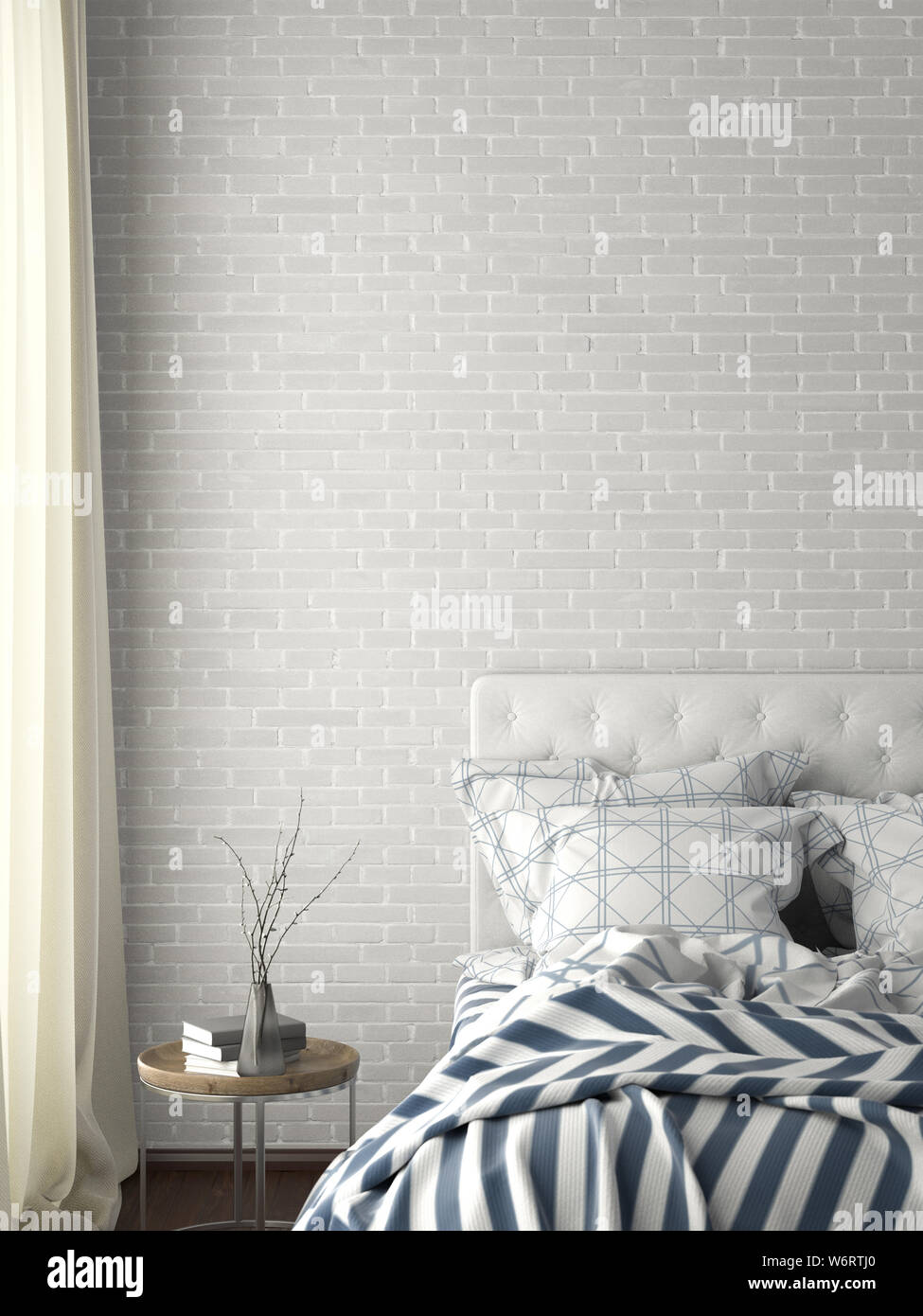 Blank white brick wall mock up in bedroom. 3d illustration Stock Photo