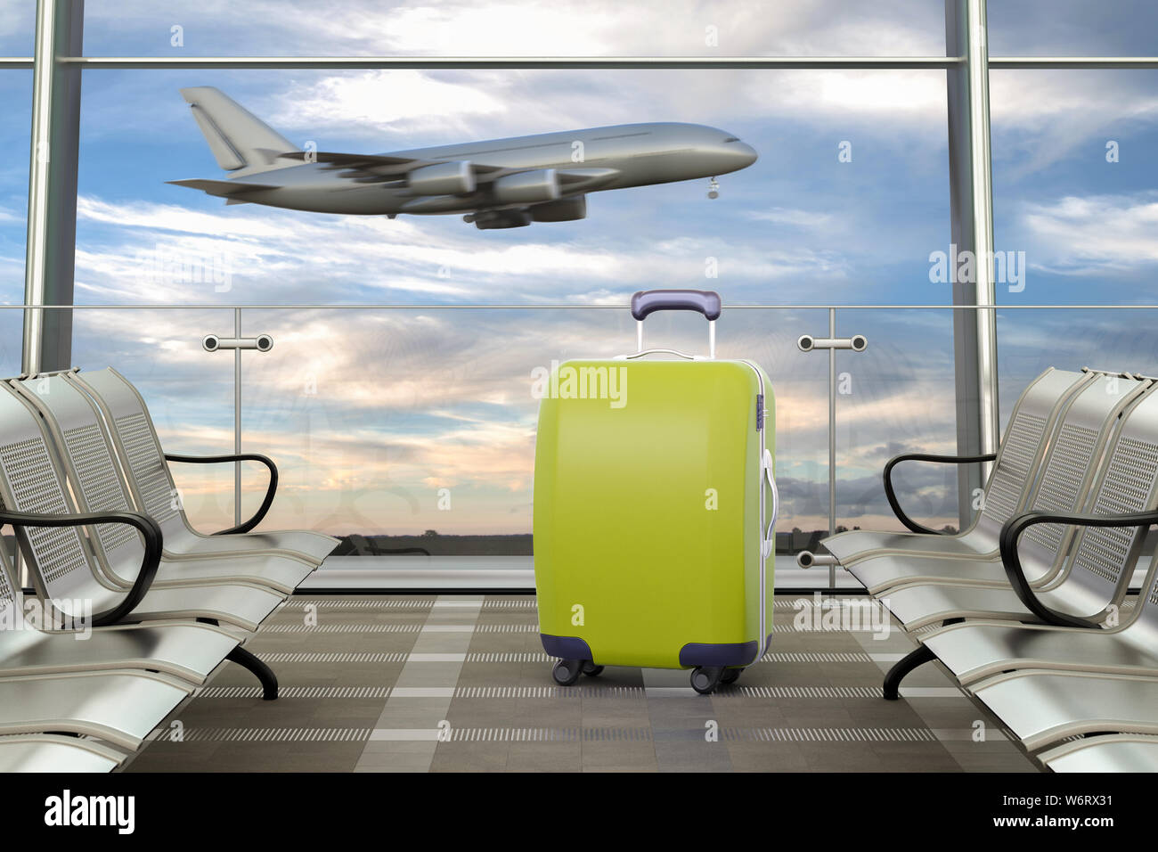 Yellow traveling luggage in airport terminal and passenger plane flying over sky on background. 3d illustration Stock Photo