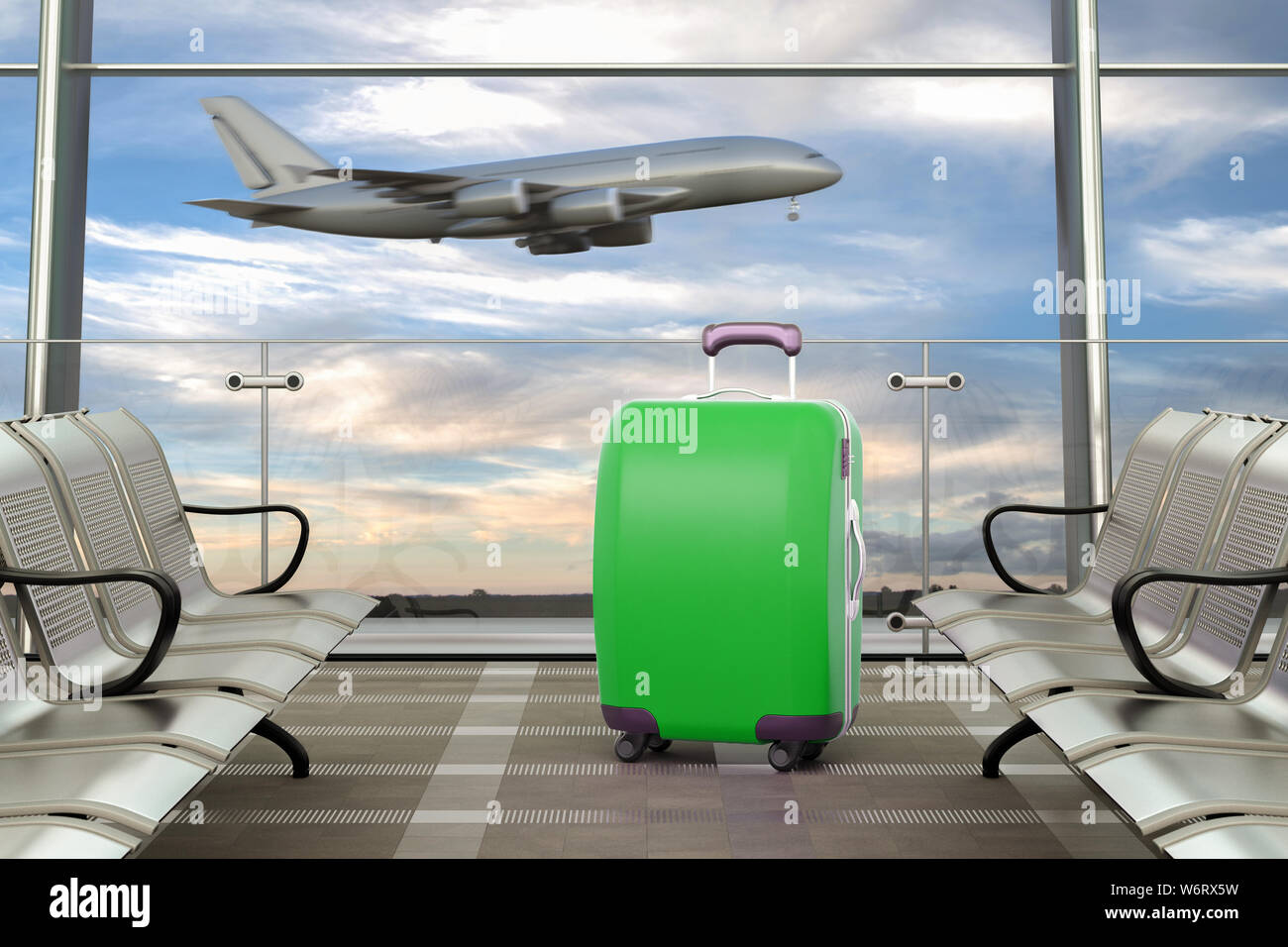 Green traveling luggage in airport terminal and passenger plane flying over sky on background. 3d illustration Stock Photo