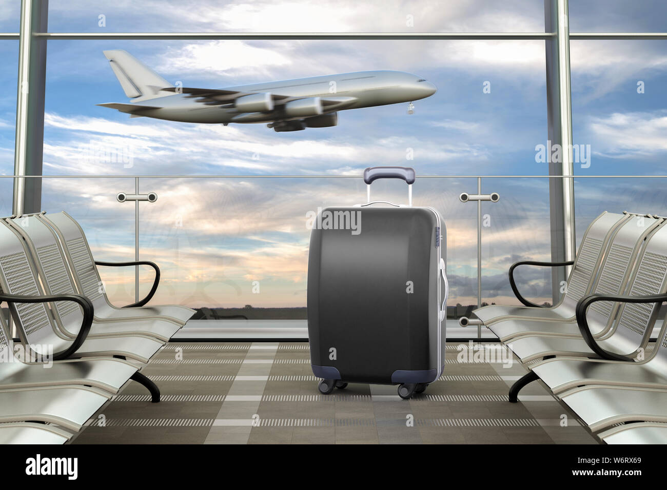Black traveling luggage in airport terminal and passenger plane flying over sky on background. 3d illustration Stock Photo