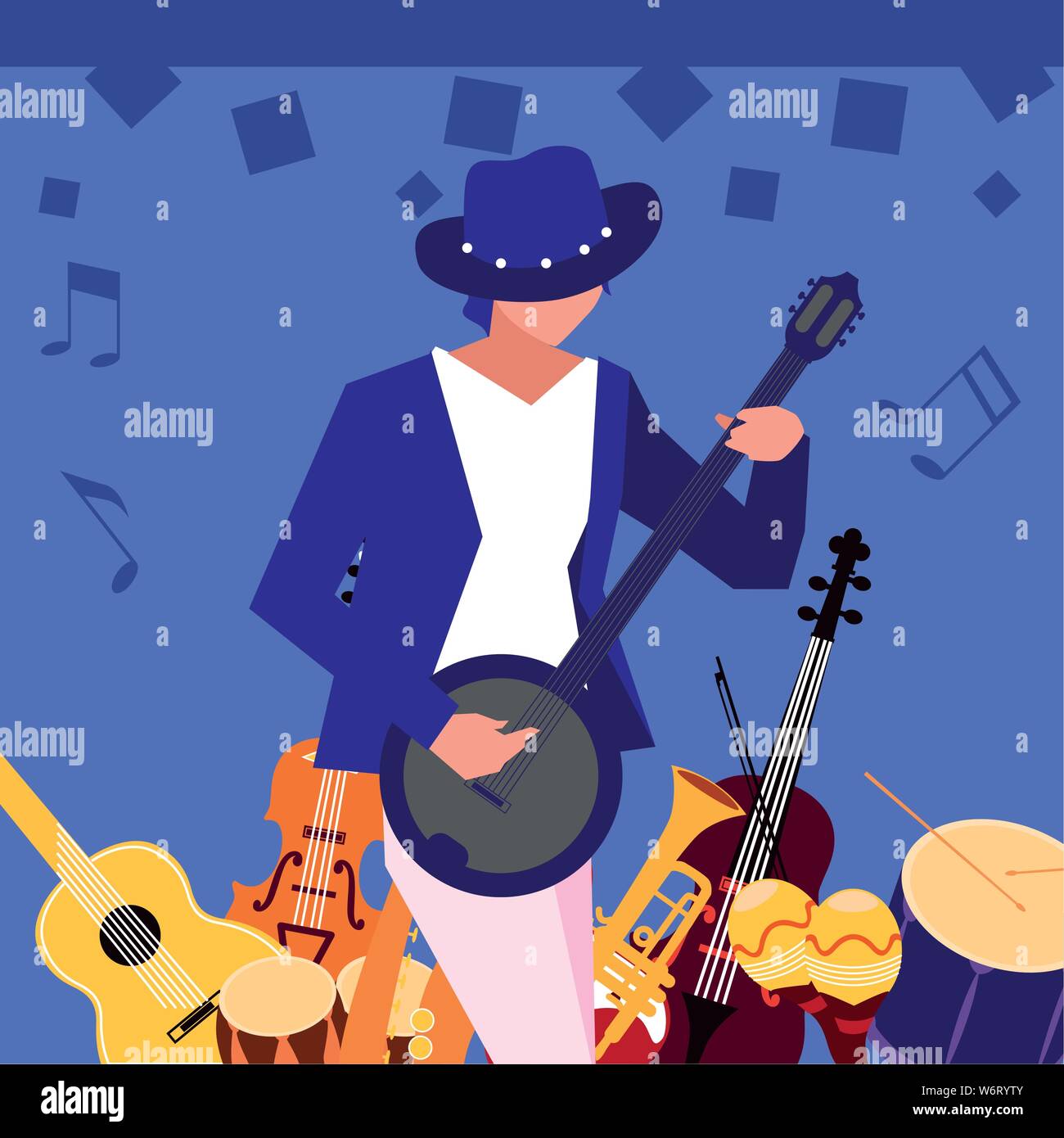 musician man banjo playing instrument vector illustration Stock Vector