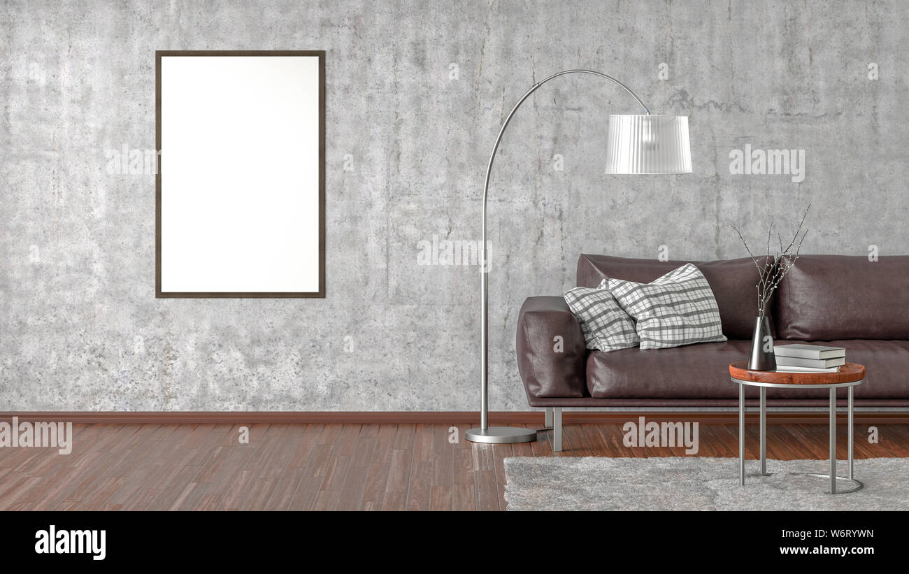 Blank Vertical Poster On Concrete Wall In Interior Of Living