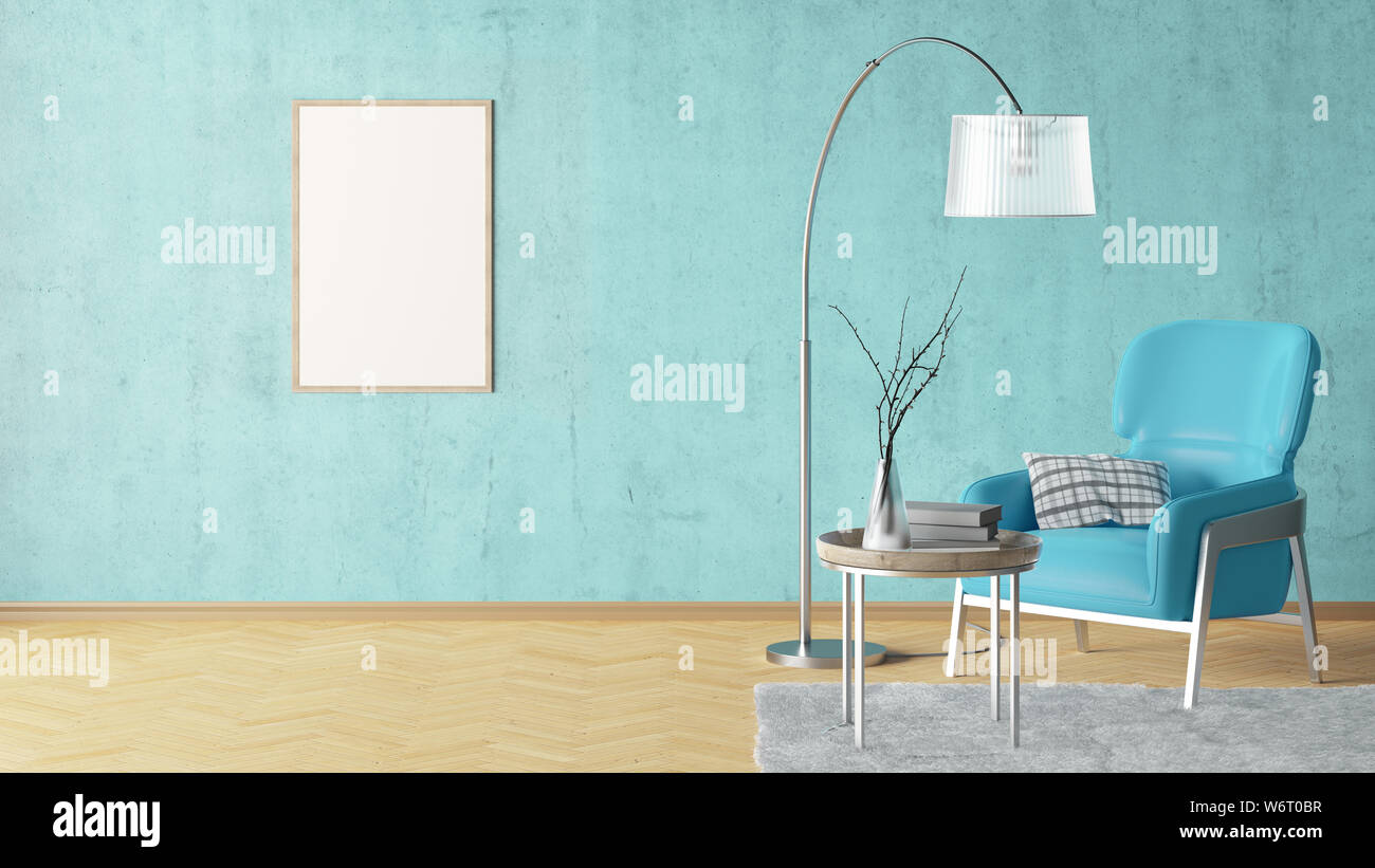 Blank Vertical Poster On Cyan Concrete Wall In Interior Of Living