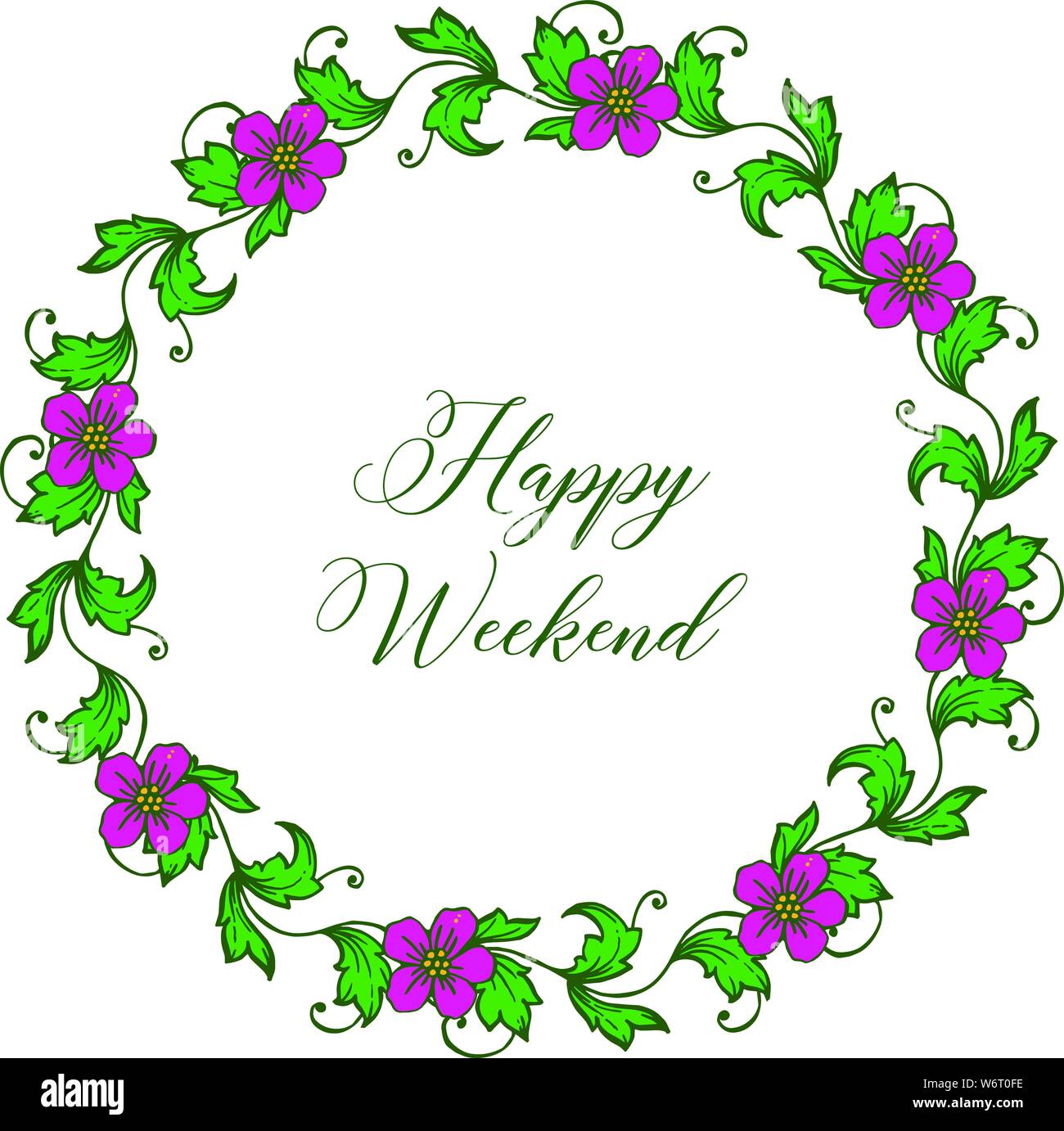 Lettering happy weekend, texture purple flower frame elegant. Vector ...