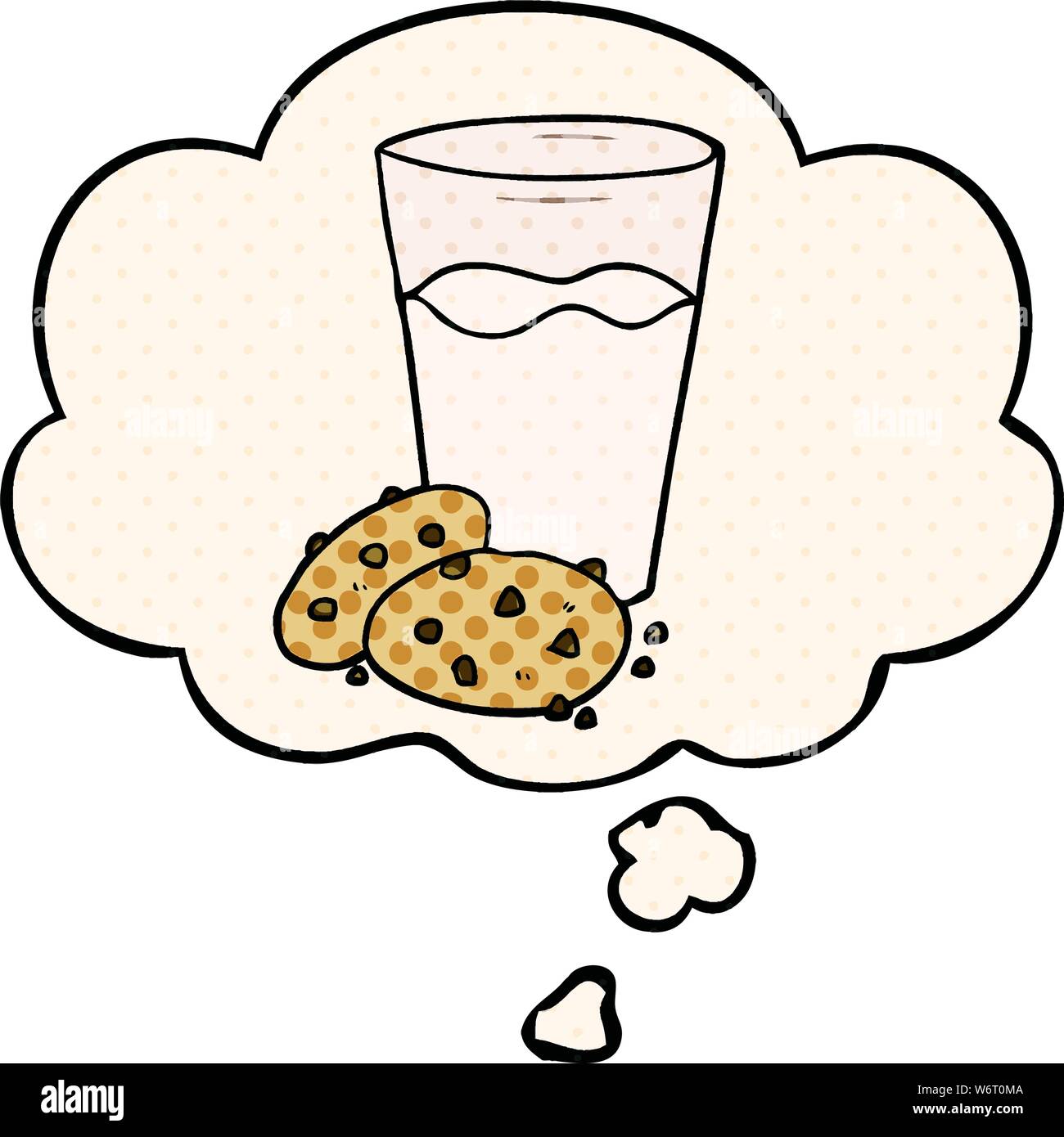 cartoon cookies and milk with thought bubble in comic book style Stock
