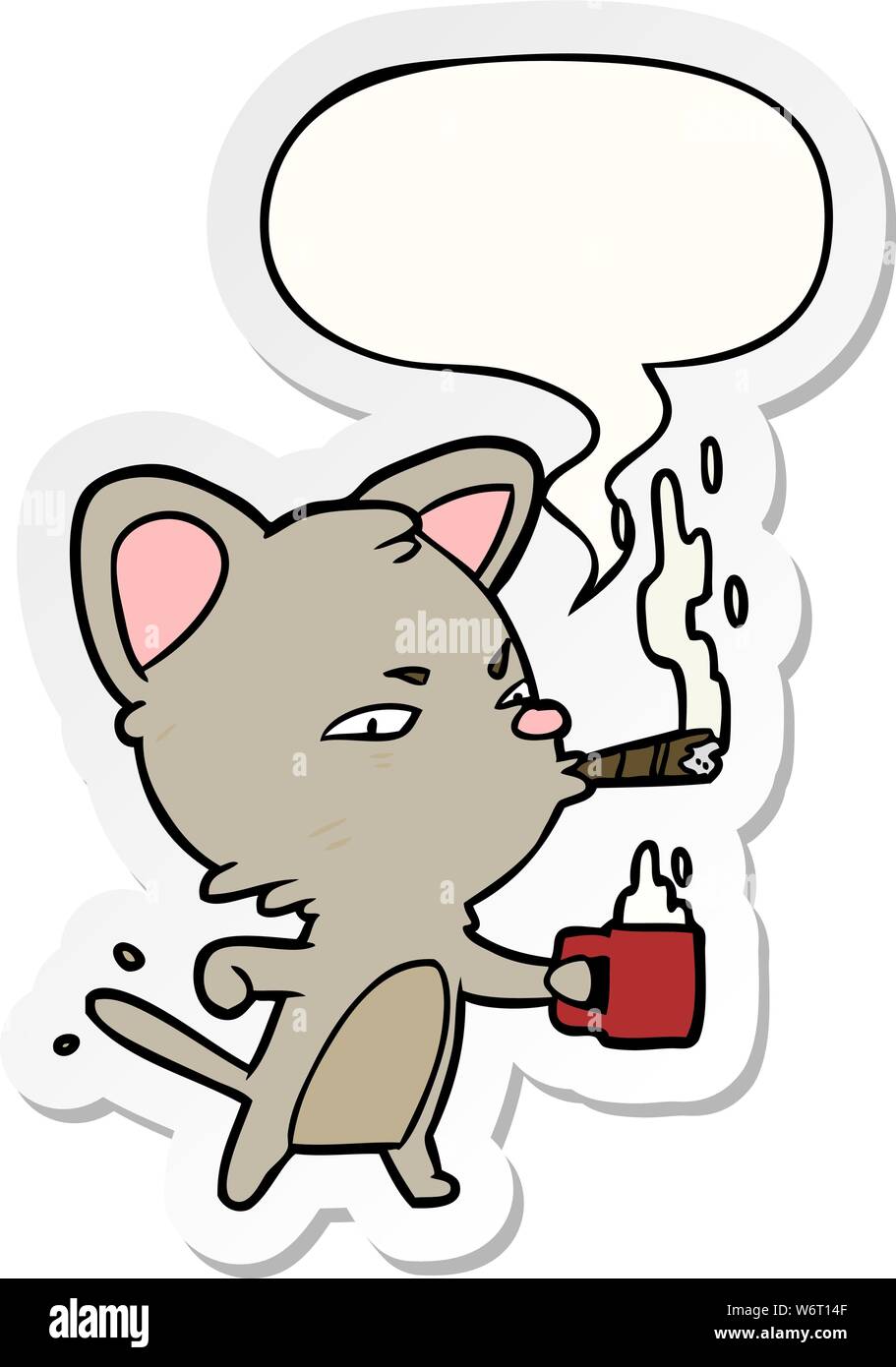 cartoon serious business cat with coffee and cigar with speech bubble sticker Stock Vector