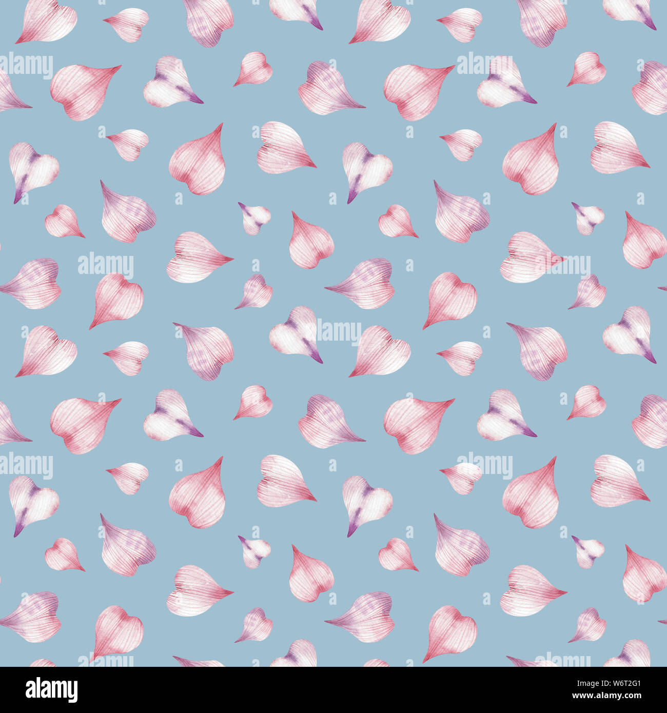 Watercolor seamless romantic pattern of heart-shaped pink flower petals ...