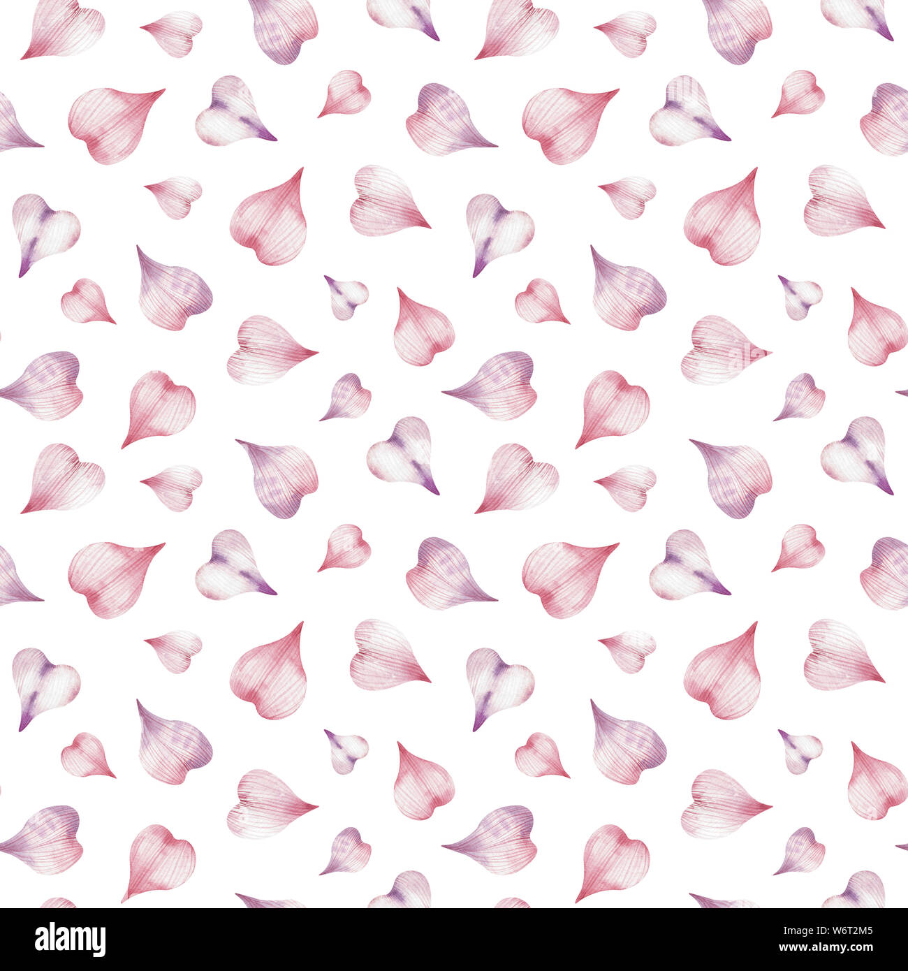 Watercolor seamless romantic pattern of heart-shaped pink flower petals ...