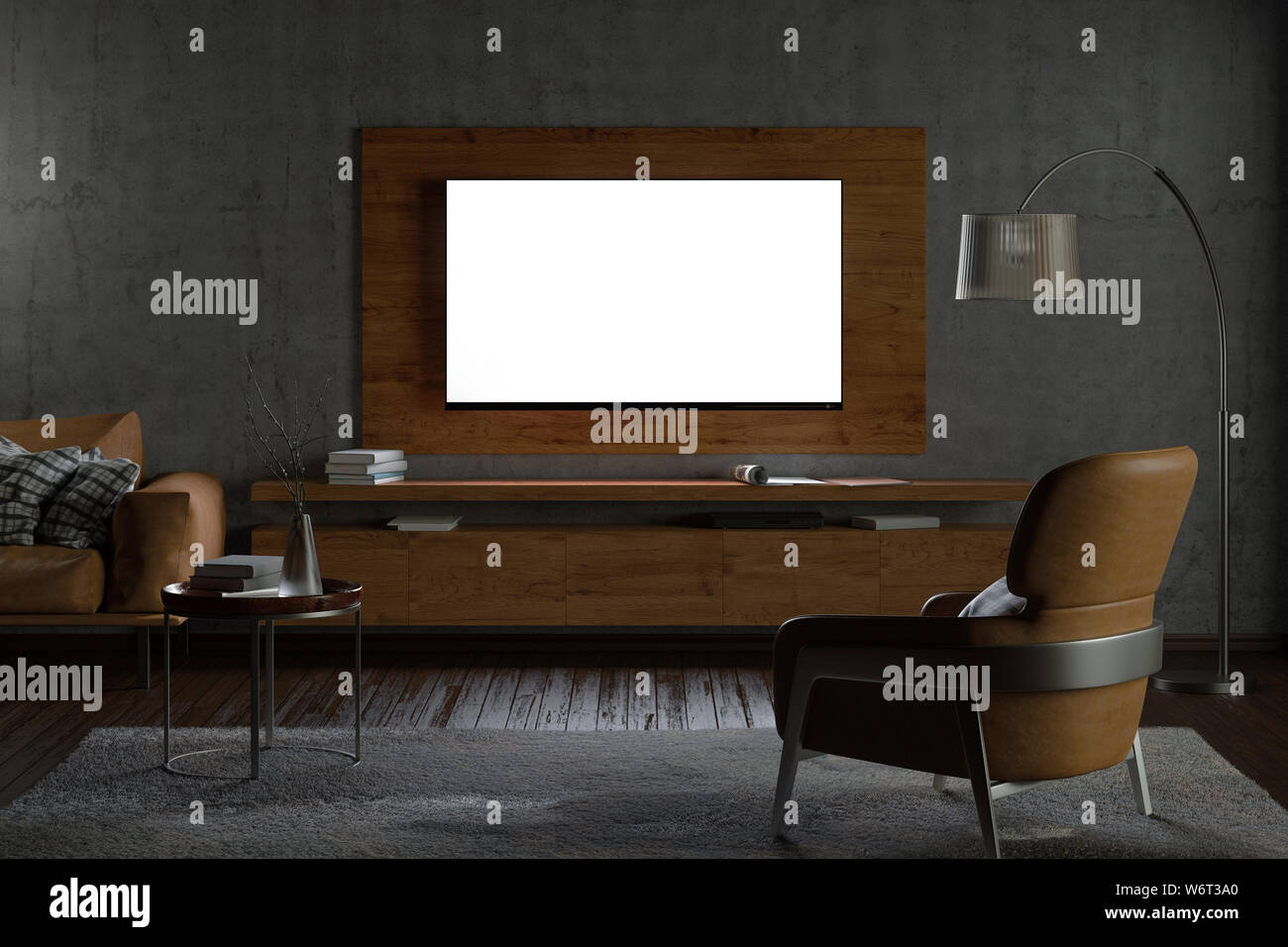 Glowing TV screen at night on the concrete wall of modern living room with cabinet,brown leather armchairand couch, coffee table, floor lamp and fur c Stock Photo