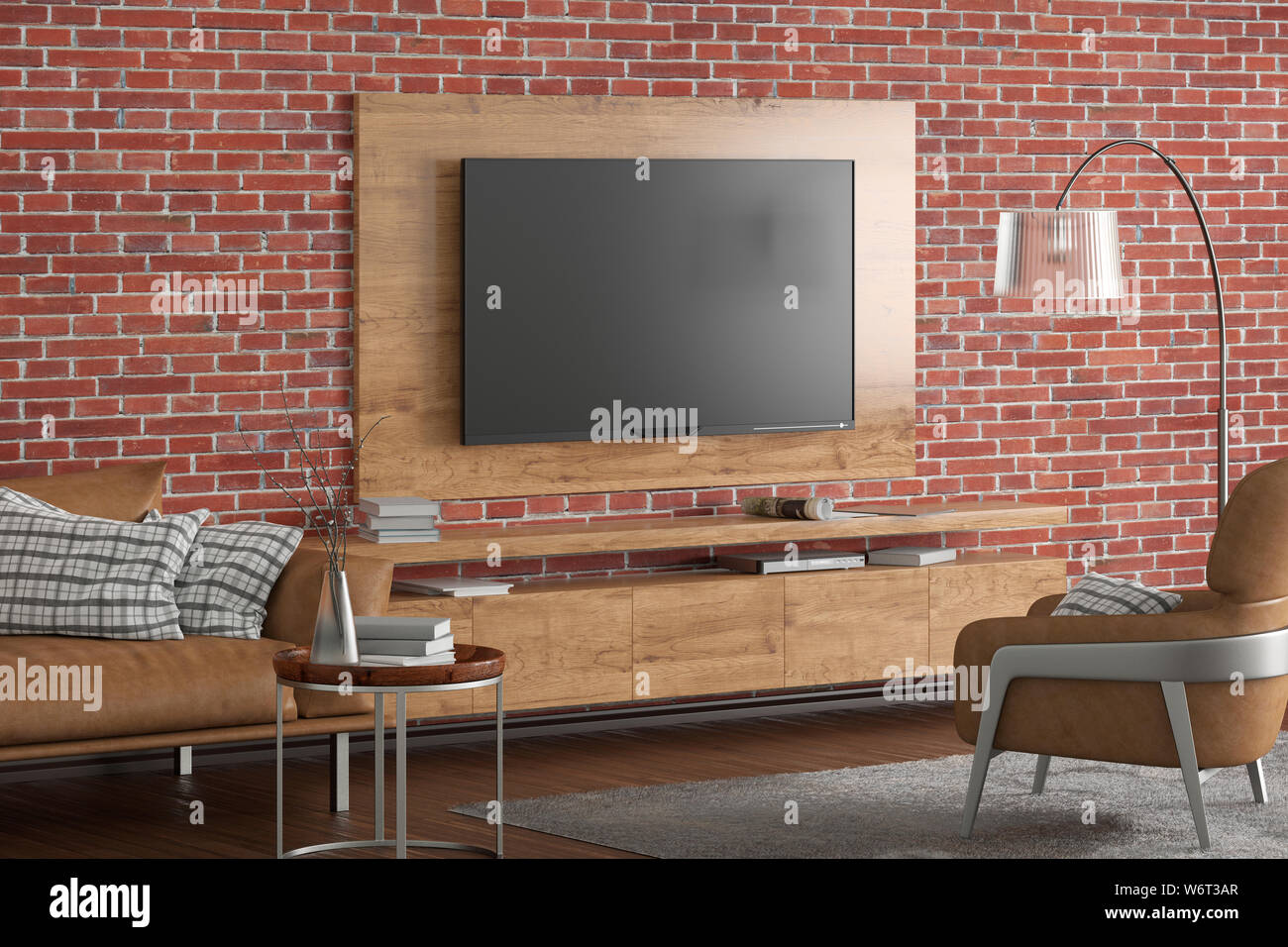 TV on the red brick wall of modern living room with cabinet, brown leather  armchair and couch, coffee table, floor lamp and fur carpet. 3d illustratio  Stock Photo - Alamy