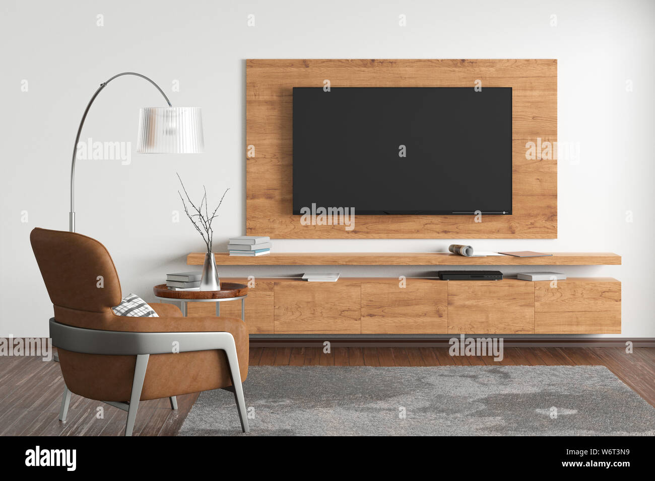 TV on the white wall of modern living room with cabinet brown