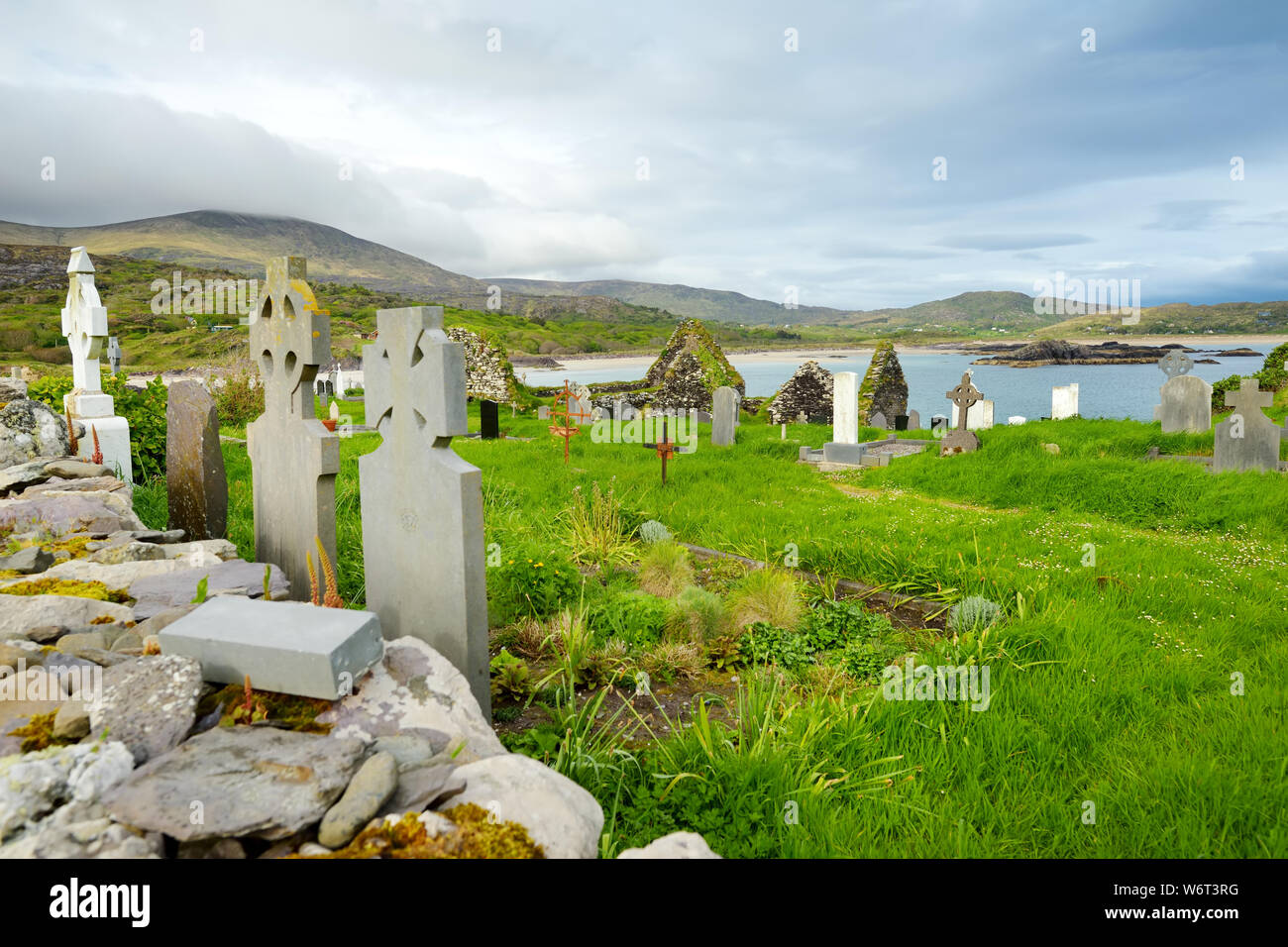 Abbey Island, the idyllic patch of land in Derrynane Historic Park, famous for ruins of Derrynane Abbey and cementery, located in County Kerry, Irelan Stock Photo