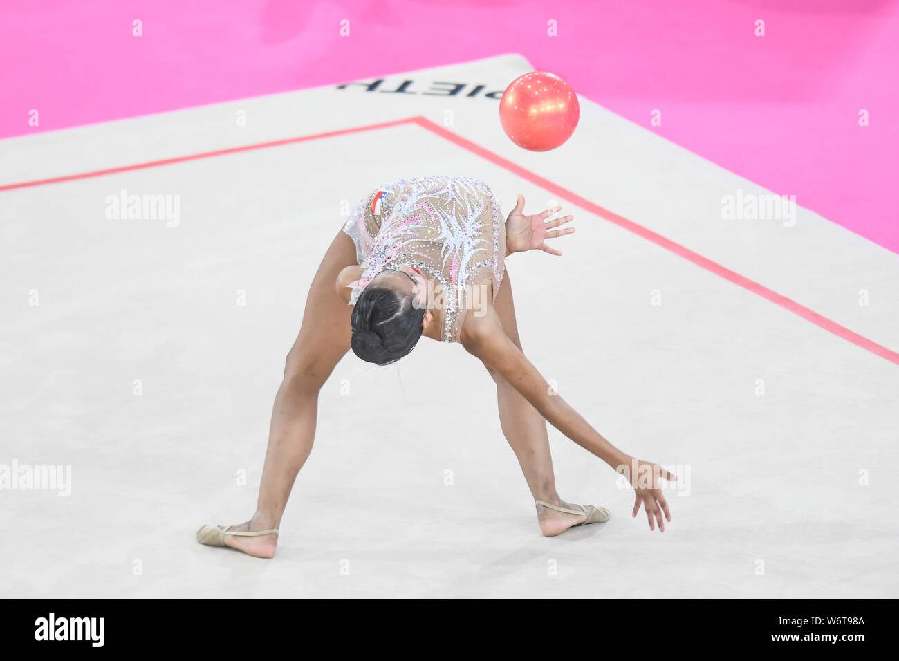 Lima, Peru. 2nd Aug, 2019. JAVIERA RUBILAR from Chile competes in the individual All-Around with the ball during the competition held in the Polideportivo Villa El Salvador in Lima, Peru. Credit: Amy Sanderson/ZUMA Wire/Alamy Live News Stock Photo
