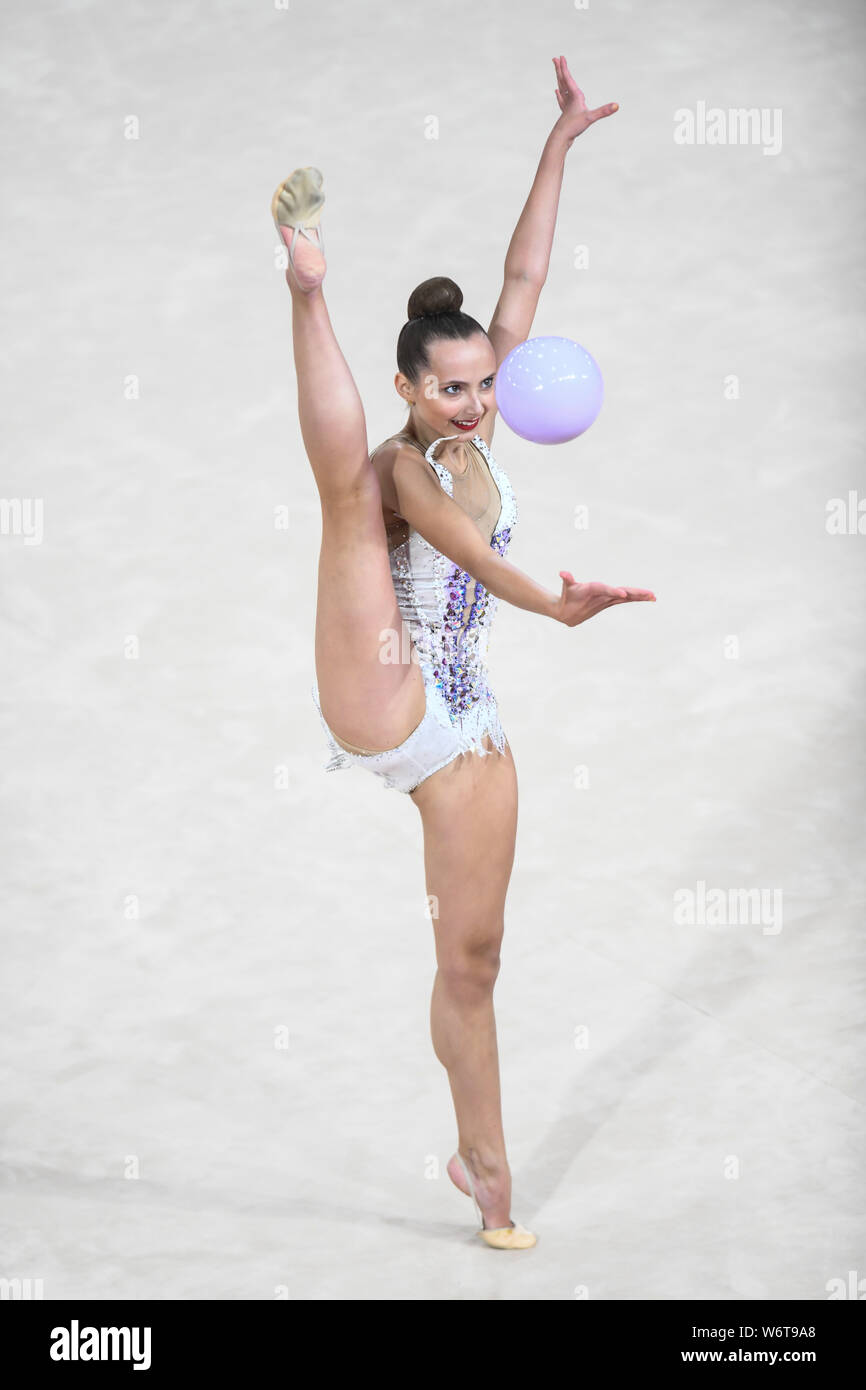 Lima, Peru. 2nd Aug, 2019. CAMILLA FEELEY from the USA competes in the individual All-Around with the ball during the competition held in the Polideportivo Villa El Salvador in Lima, Peru. Credit: Amy Sanderson/ZUMA Wire/Alamy Live News Stock Photo
