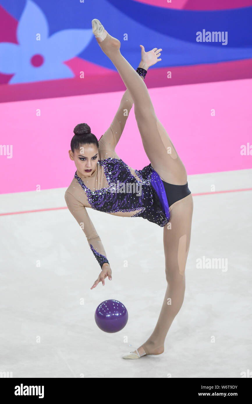 Lima, Peru. 2nd Aug, 2019. CARLA CORMINBOEUF from Peru competes in the individual All-Around with the ball during the competition held in the Polideportivo Villa El Salvador in Lima, Peru. Credit: Amy Sanderson/ZUMA Wire/Alamy Live News Stock Photo