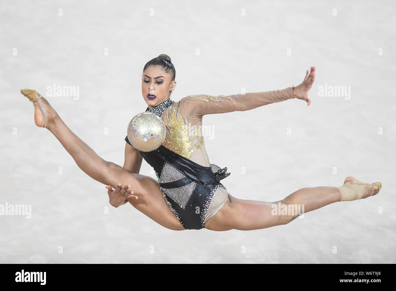 Lima, Peru. 2nd Aug, 2019. BARBARA DOMINGOS from Brazil competes in the individual All-Around with the ball during the competition held in the Polideportivo Villa El Salvador in Lima, Peru. Credit: Amy Sanderson/ZUMA Wire/Alamy Live News Stock Photo