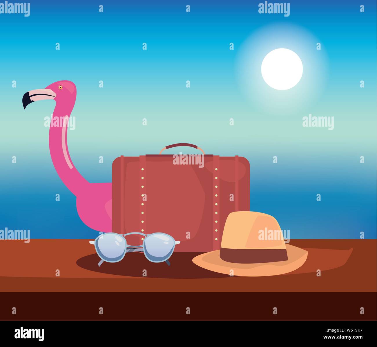 flamingo float suitcase hat sunglasses summer time vacation vector ...