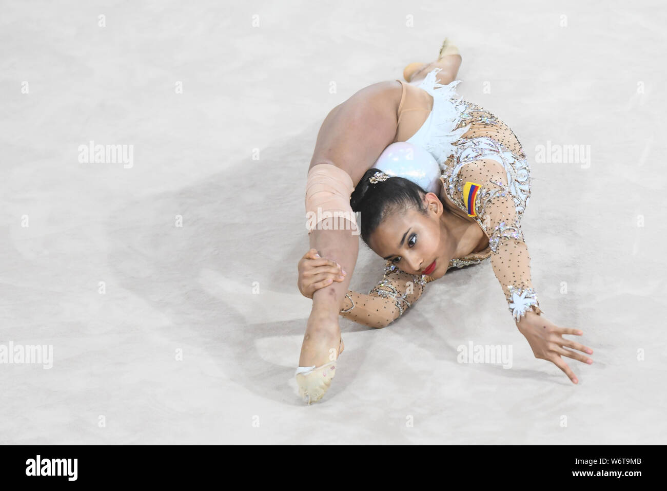 Lima, Peru. 2nd Aug, 2019. ORIANA VINAS from Colombia competes in the individual All-Around with the ball during the competition held in the Polideportivo Villa El Salvador in Lima, Peru. Credit: Amy Sanderson/ZUMA Wire/Alamy Live News Stock Photo