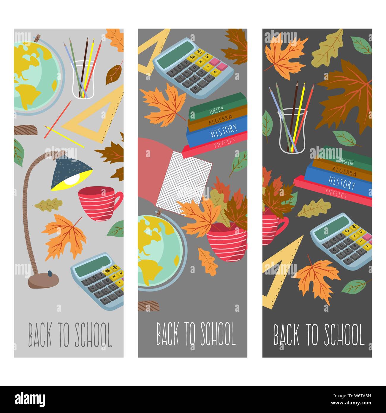 Back to school. Cute flat vector set vertical banners with stationery ...