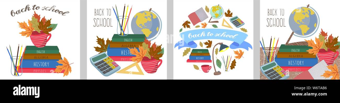 Back to school Cute set vector illustrations for a poster, banner or card with stationery, books, pencil, ruler, calculator and autumn leaves Stock Vector