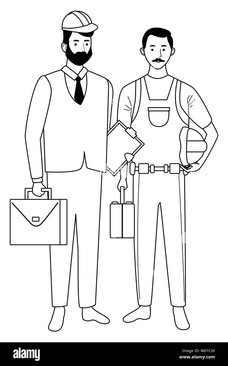 Professionals workers couple smiling cartoons in black and white Stock ...