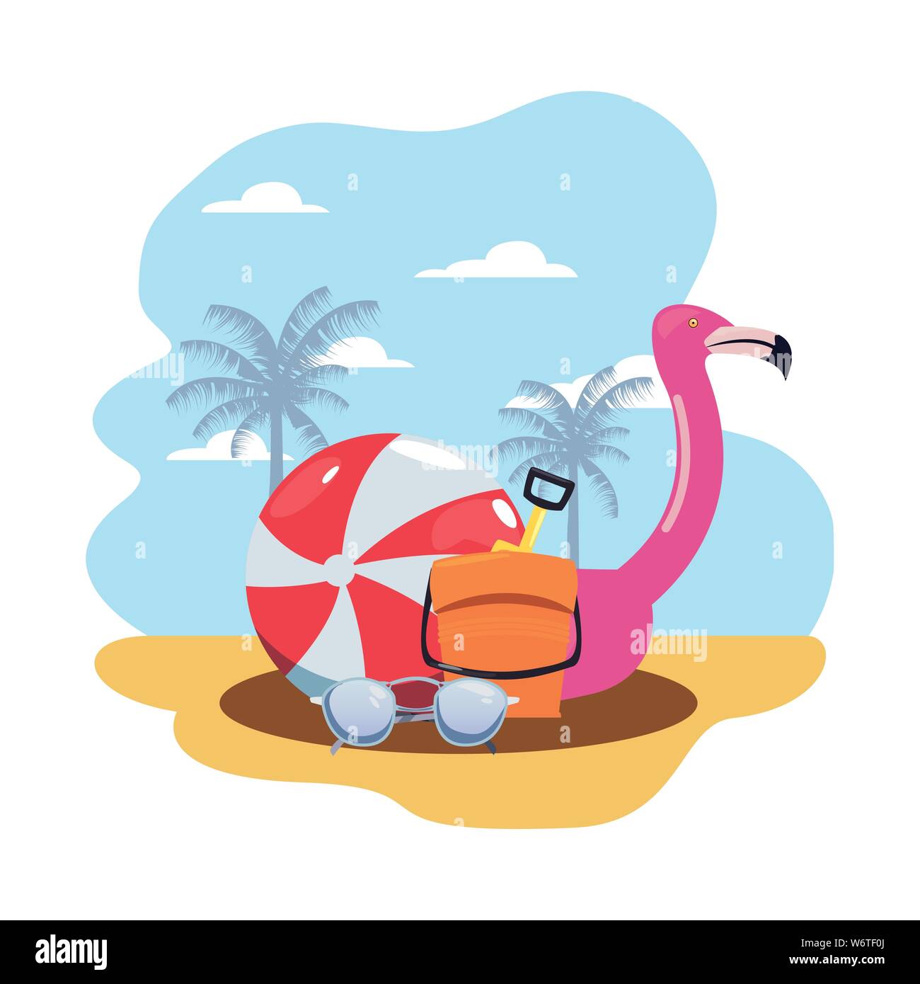 flamingo float sunglasses ball bucket summer time vacation vector ...