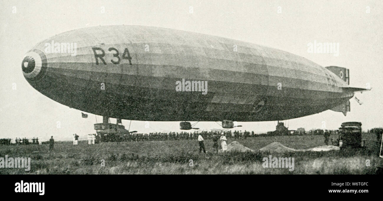 This photo dates to the early 1920s. The caption reads:The British Dirigible R-34 which flew across the Atlantic, July 6, 1919. Stock Photo