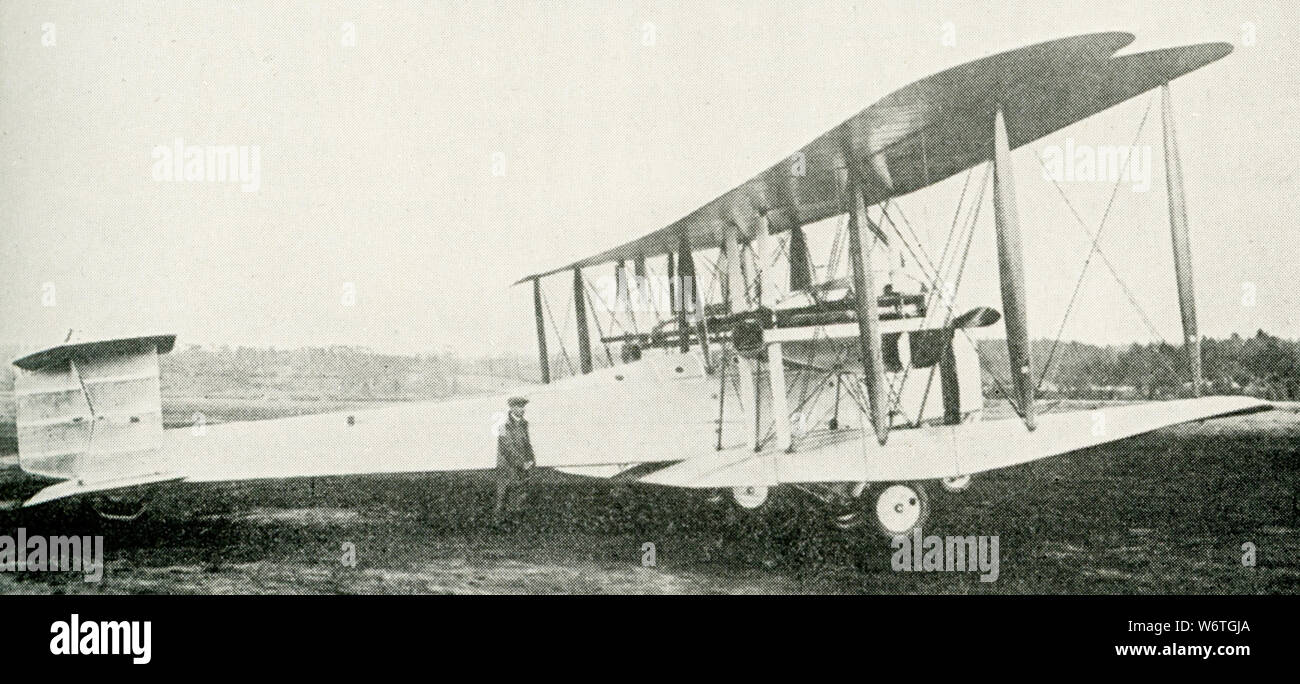 This photo dates to the early 1920s. The caption reads: The British Vickers-Vimy bombing plane, which made the first non-stop flight across the atlantic, June 16, 1919. Stock Photo