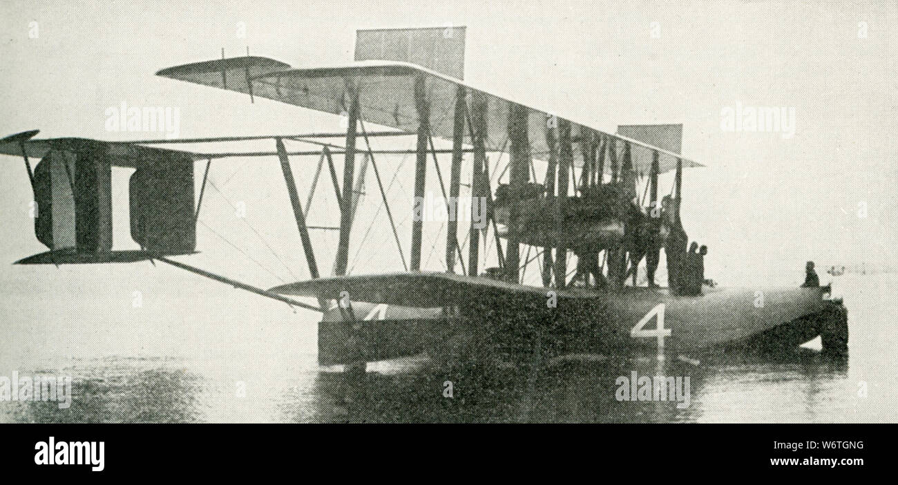 This photo dates to the early 1920s. The caption reads: American Navy Seaplane NC-4 which crossed the ocean with one stop at the Azores, reaching Portugal, May 27, 1919. Stock Photo