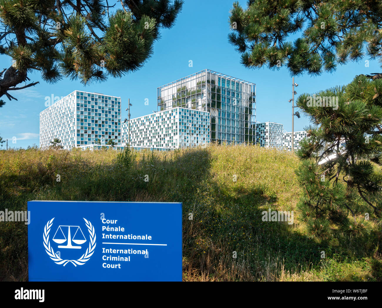 The Hague International Criminal Court buildings in The Hague The Netherlands - ICC Den Haag Nederland. La Cour Pénale Internationale CPI with sign. Stock Photo