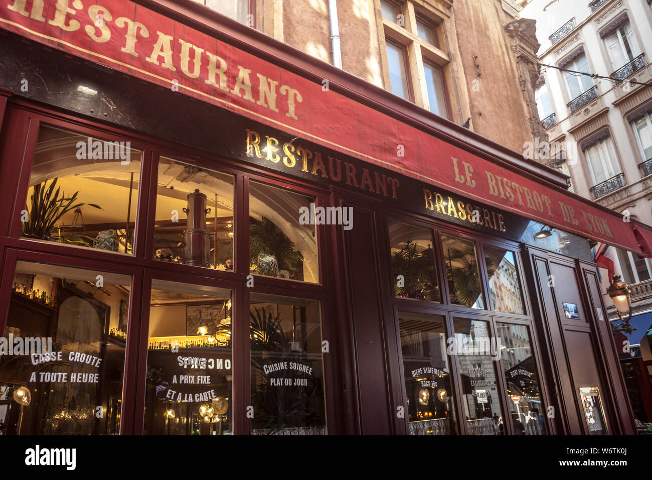 LYON, FRANCE - JULY 13, 2019: Traditional French Restaurant in Lyon, called Bouchon Lyonnais. It is a symbol of the Gatronomy of the second biggest Fr Stock Photo