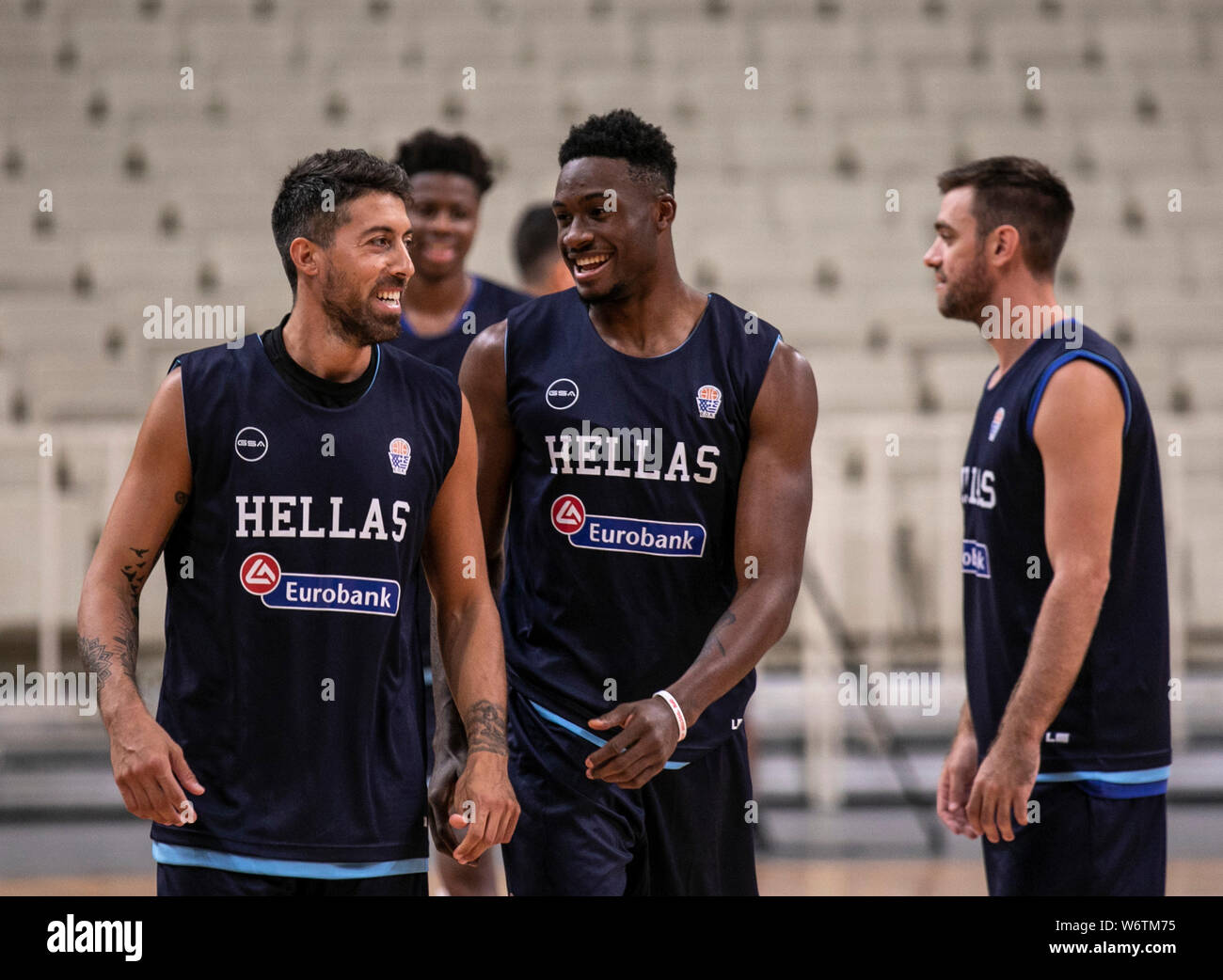 Athens. 2nd Aug, 2019. Greek national basketball team players are seen  during a training session for the upcoming 2019 FIBA World Cup in China at  the Olympic Athletic Center of Athens (O.A.C.A.)