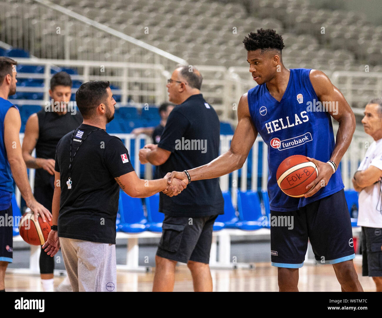 Athens. 2nd Aug, 2019. Greek national basketball team player Giannis  Antetokounmpo (front R) greets a member of the team during a training  session for the upcoming 2019 FIBA World Cup in China