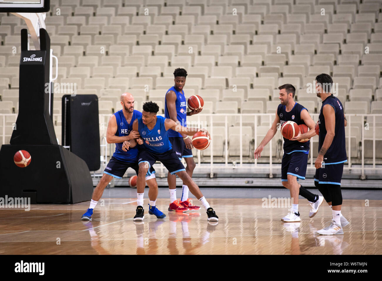 Athens. 2nd Aug, 2019. Greek national basketball team player Giannis  Antetokounmpo (2nd L) attends a training session for the upcoming 2019 FIBA  World Cup in China at the Olympic Athletic Center of