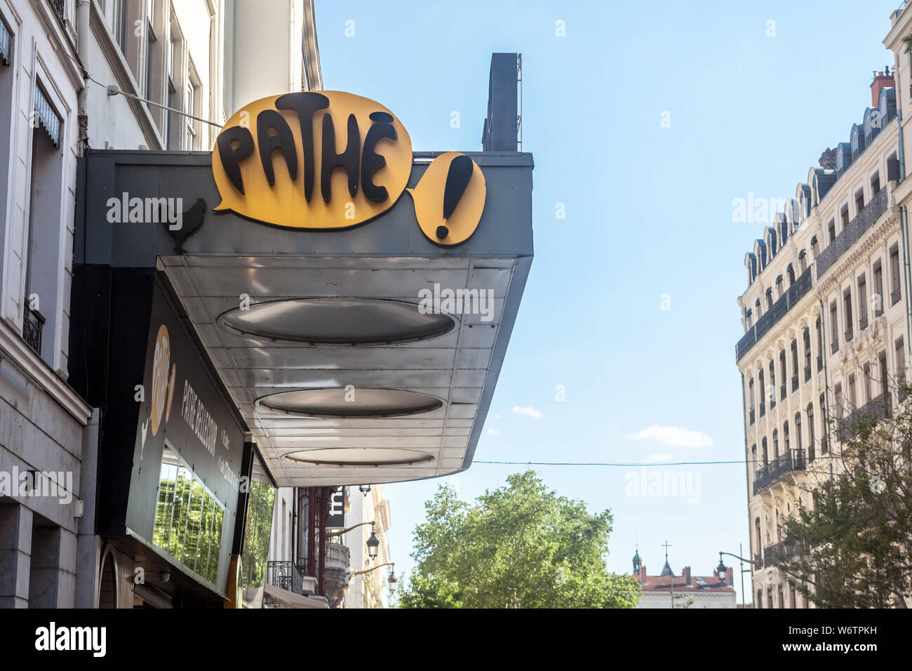 LYON, FRANCE - JULY 13, 2019: Logo of Pathe Gaumon on their local cinema in downtown Lyon. Pathe is a brand of cinema as well as a film producer and d Stock Photo