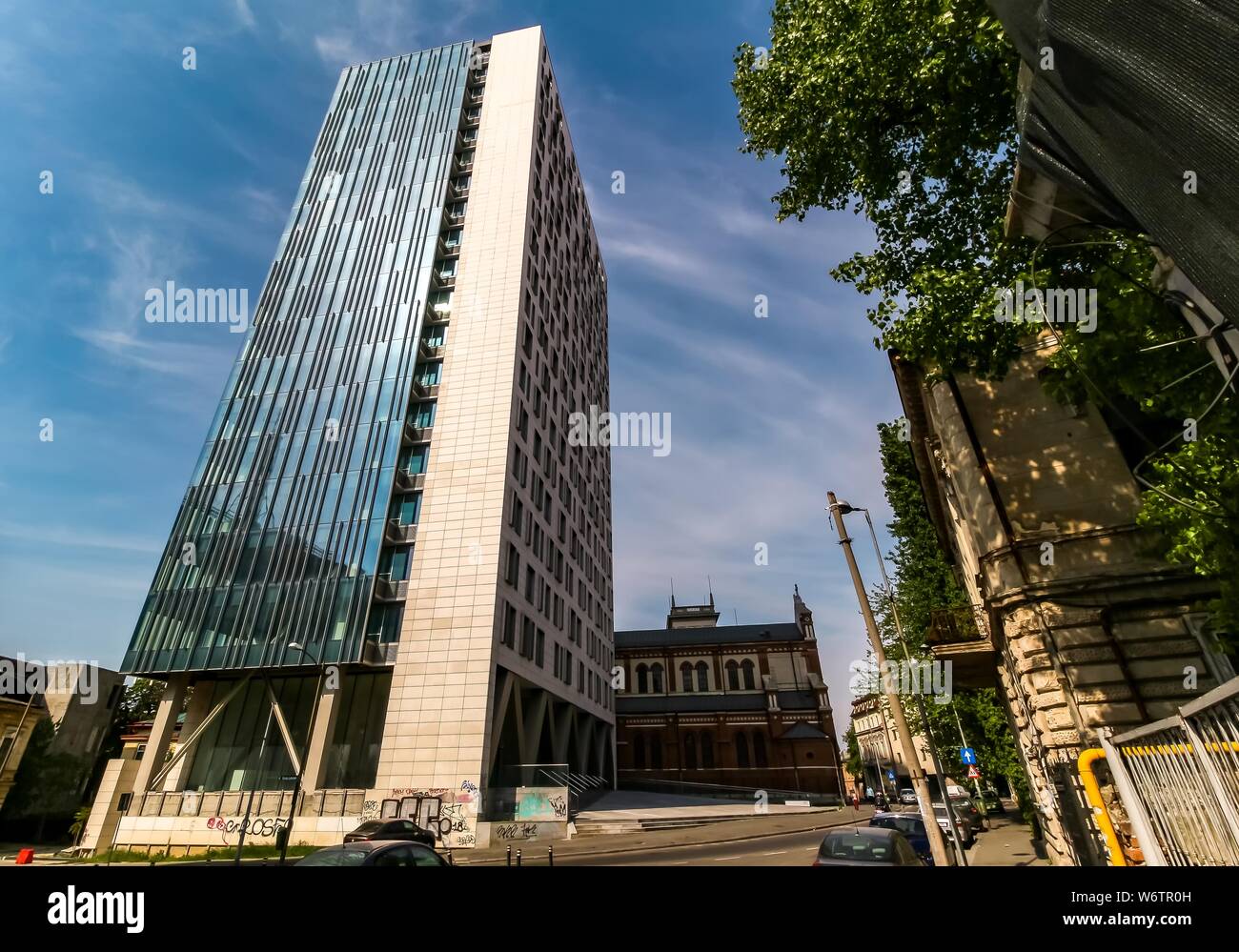Bucharest, Romania - April 30, 2019: Cathedral Plaza Bucharest building finished in 2011 is still empty due to the trials regarding the legality of th Stock Photo