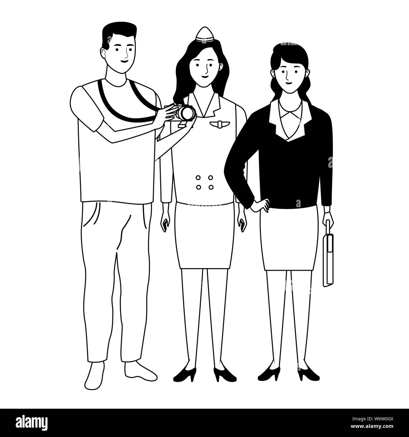 Professionals workers characters smiling cartoons in black and white ...