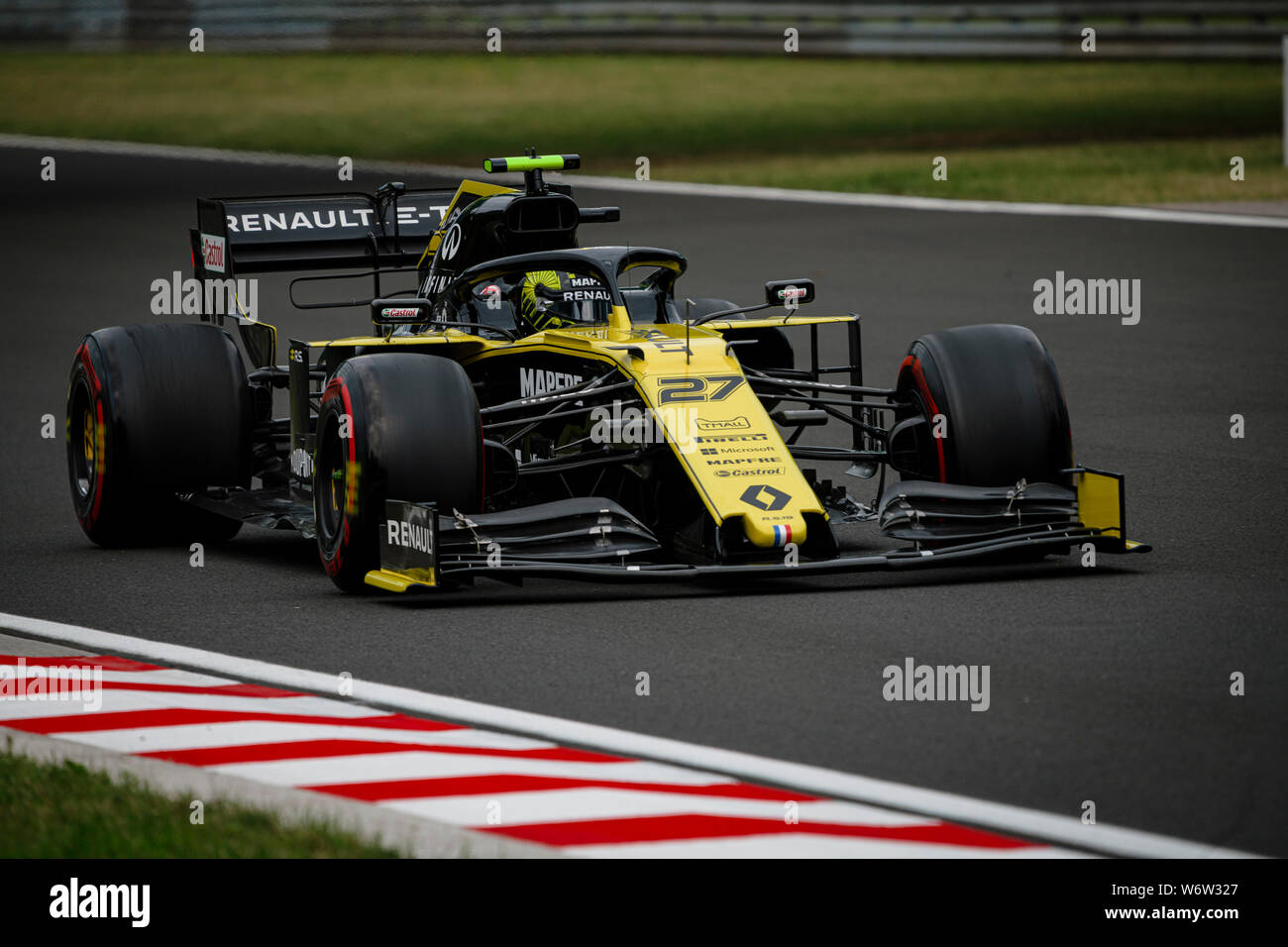 Renault Sport F1 Team’s German driver Nico Hulkenberg competes during the first practice session of the Hungarian F1 Grand Prix. Stock Photo