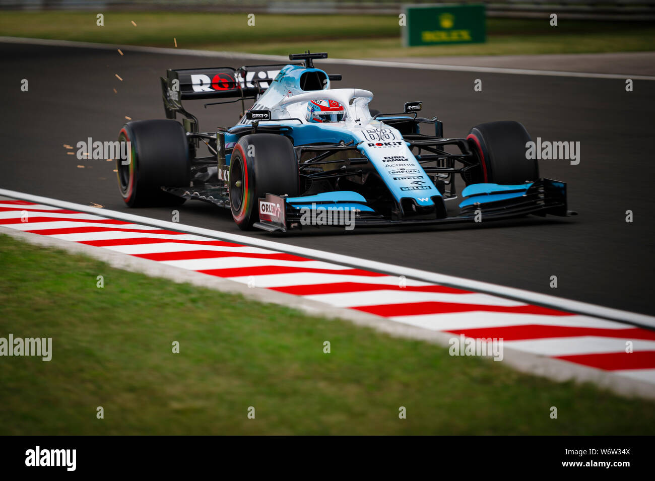 ROKiT Williams Racing’s British driver George Russell competes during the first practice session of the Hungarian F1 Grand Prix. Stock Photo