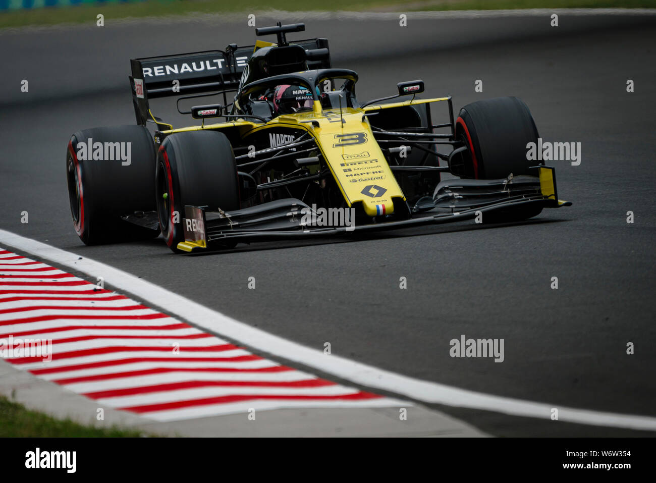 Renault Sport F1 Team’s Australian driver Daniel Ricciardo competes during the first practice session of the Hungarian F1 Grand Prix. Stock Photo