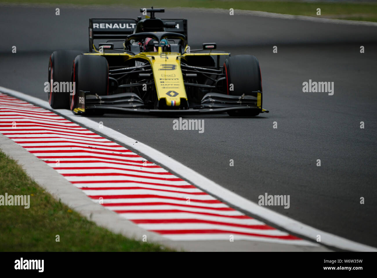 Renault Sport F1 Team’s Australian driver Daniel Ricciardo competes during the first practice session of the Hungarian F1 Grand Prix. Stock Photo