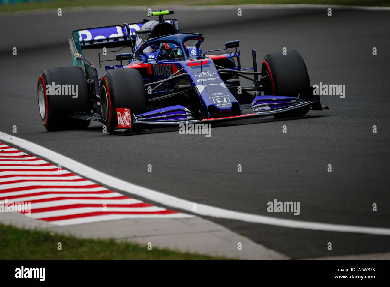 Scuderia Toro Rosso’s Thai driver Alexander Albon competes during the first practice session of the Hungarian F1 Grand Prix. Stock Photo