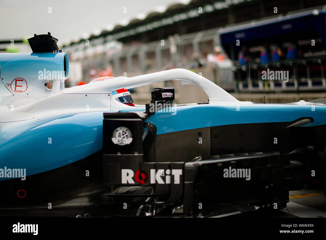 ROKiT Williams Racing’s British driver George Russell leaves the pit lane during the second practice session of the Hungarian F1 Grand Prix. Stock Photo