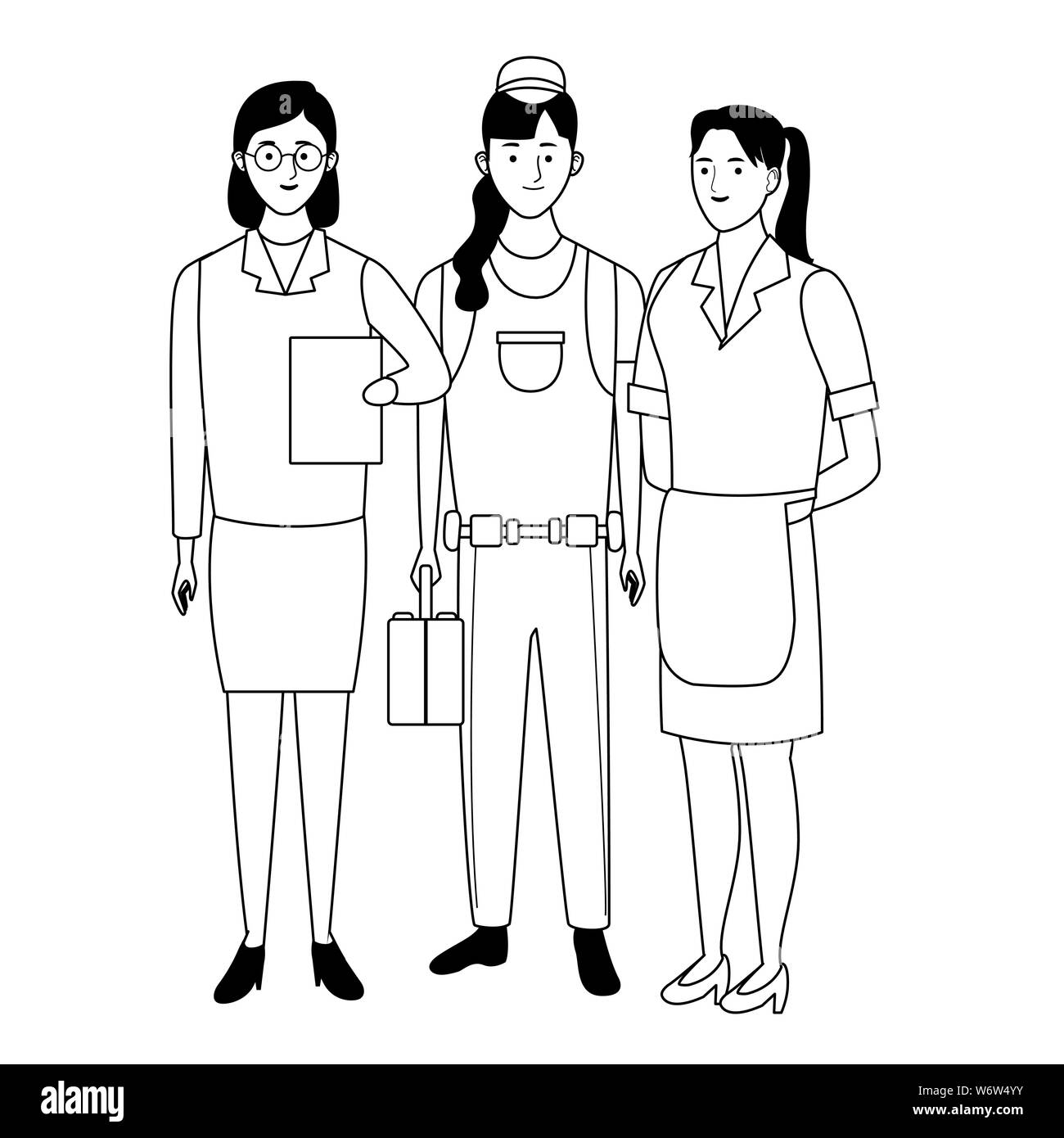 Professionals workers characters smiling cartoons in black and white ...
