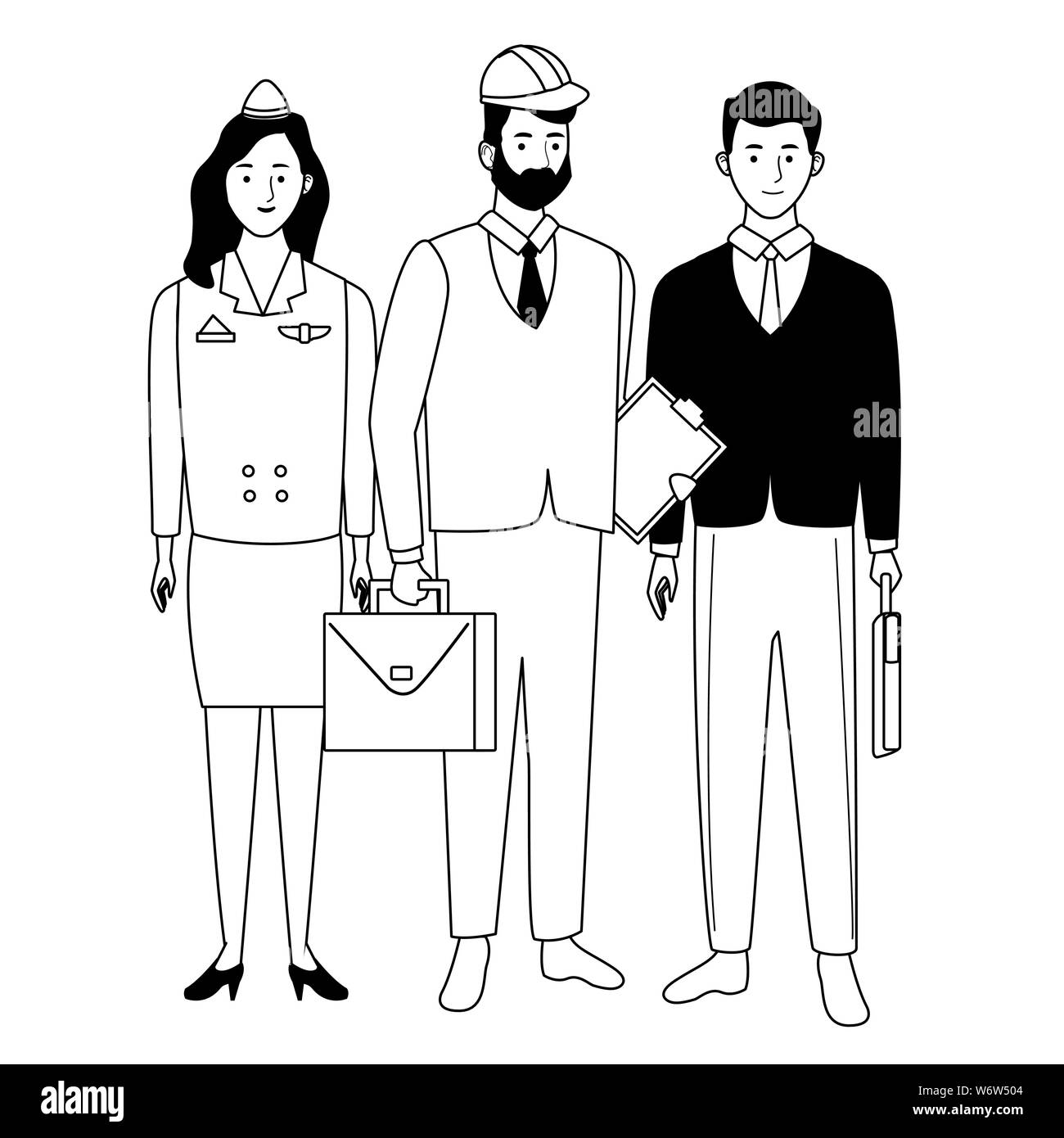 Professionals workers characters smiling cartoons in black and white ...